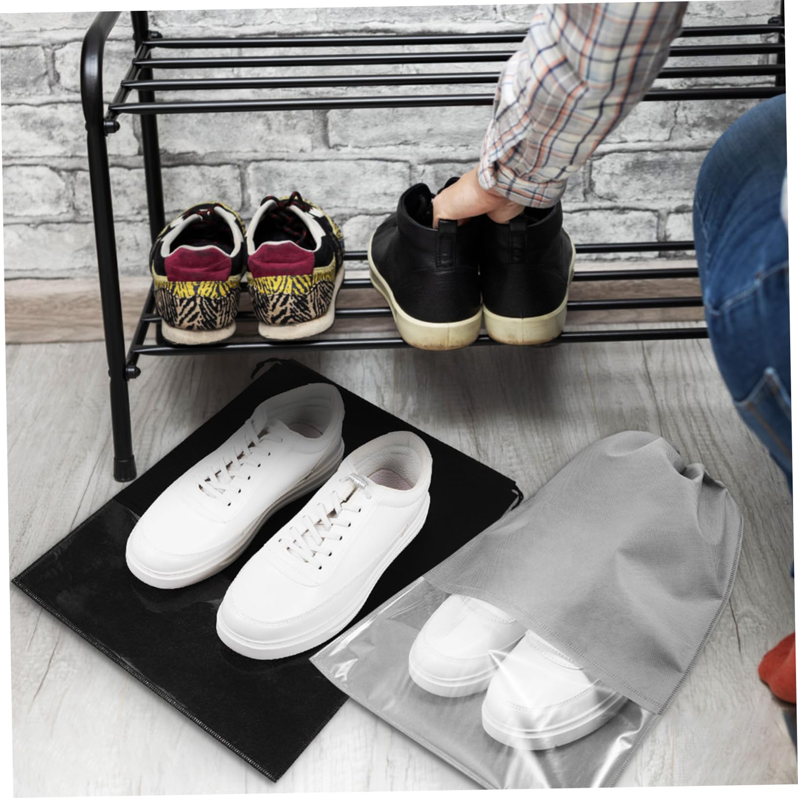 KOMBIUDA 20 Stück Schuhbeutel mit Zugband Transparente Aufbewahrungstaschen Non Woven Material für Reisen und Verschiedene Schuharten Schwarze und Graue Beutel