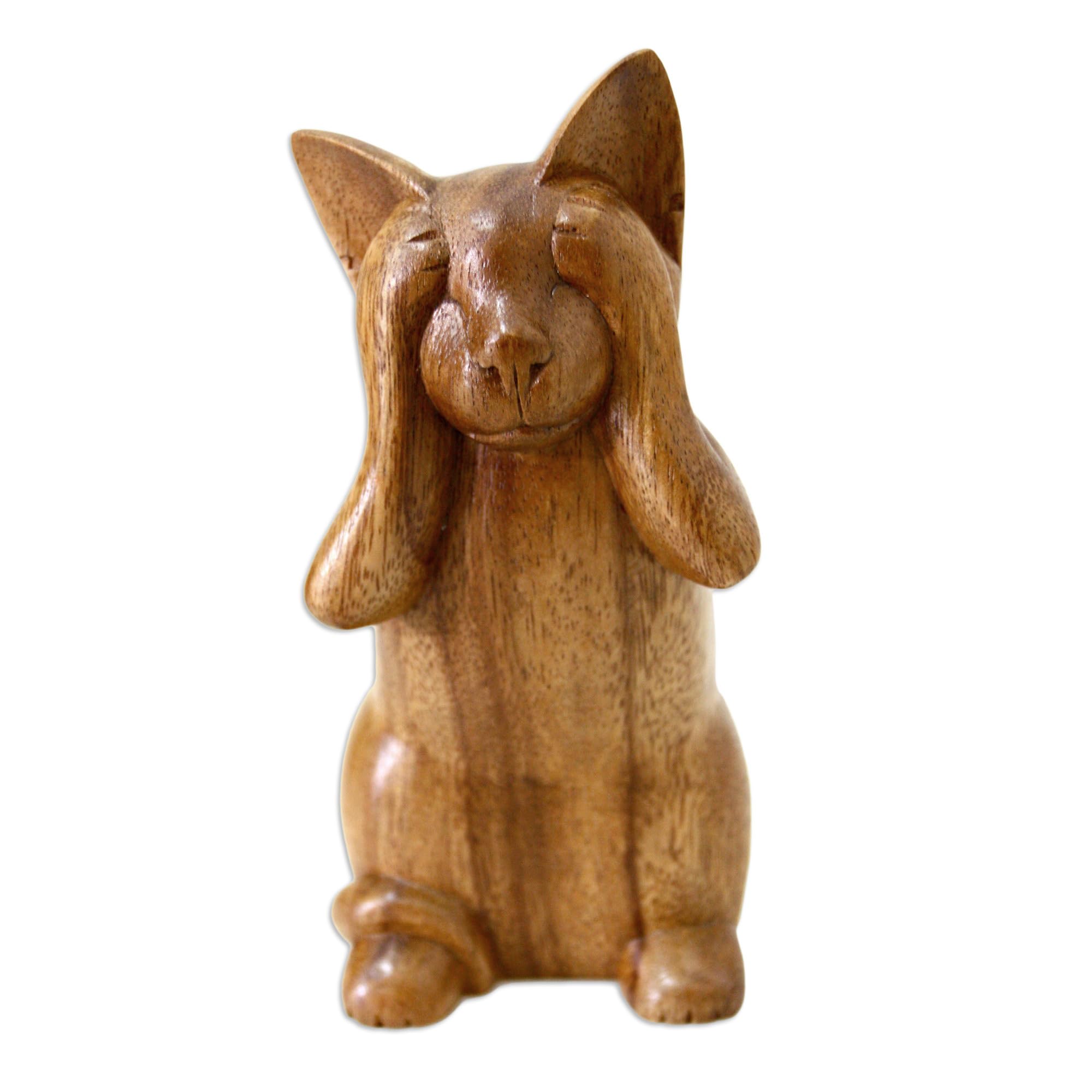 NOVICA Escultura de Madera con temática de Animales Marrones, 7.75 Pulgadas de Alto 'See No Evil Kitty'