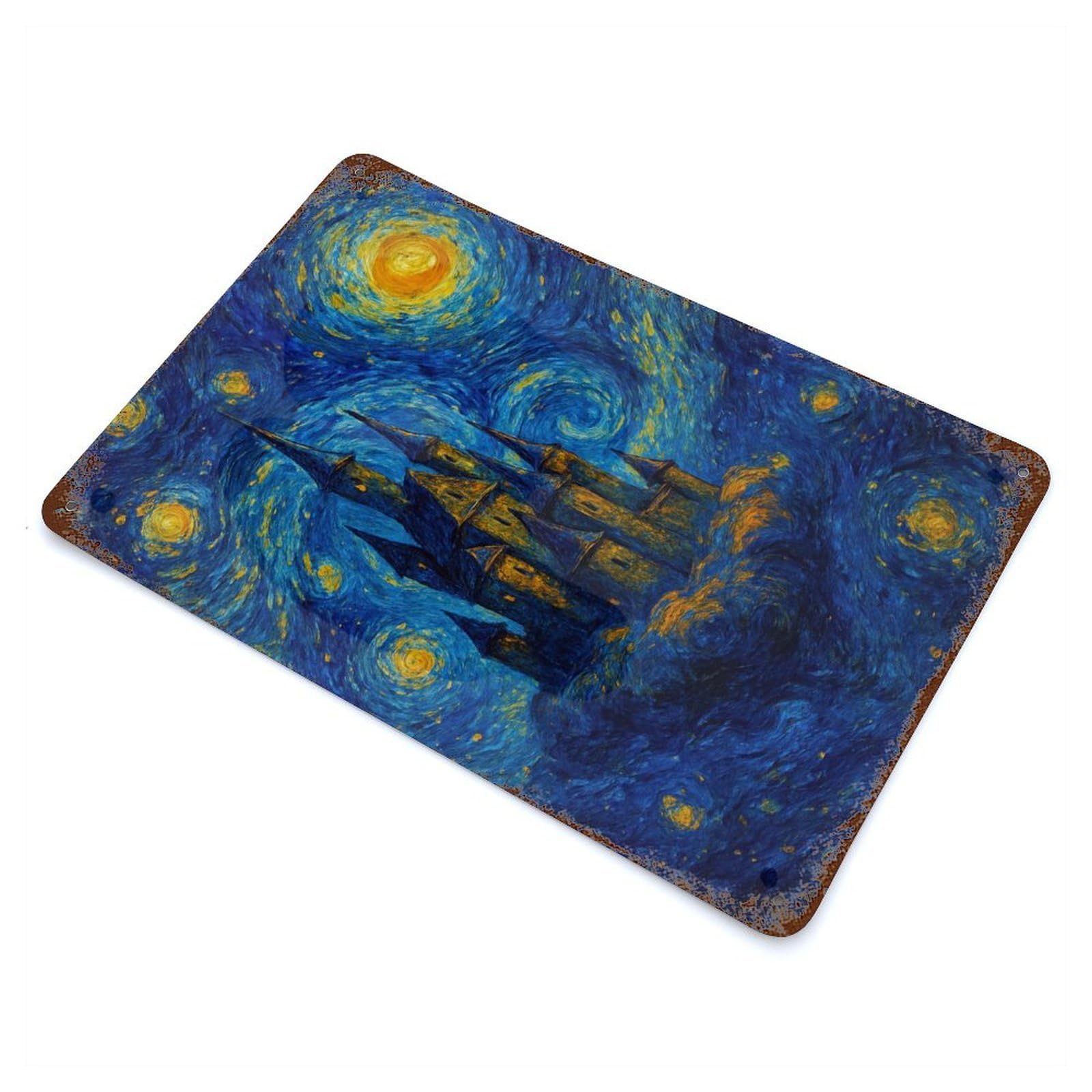 Garage Style Castle in Starry Night Style Decorative Tin Sign 11.8"x7.9", Industrial Home Decor for Bar And Workshop
