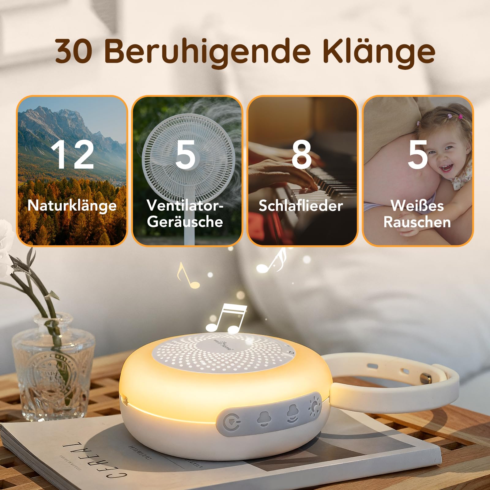 Easy@Home Mini-Gerät mit weißem Rauschen, für Babys, Erwachsene, Kinder, Schlaf, 30 beruhigende Geräusche, tragbare Maschine mit Nachtlicht, Timer, Memory-Funktion, entspannende Schlafmusik