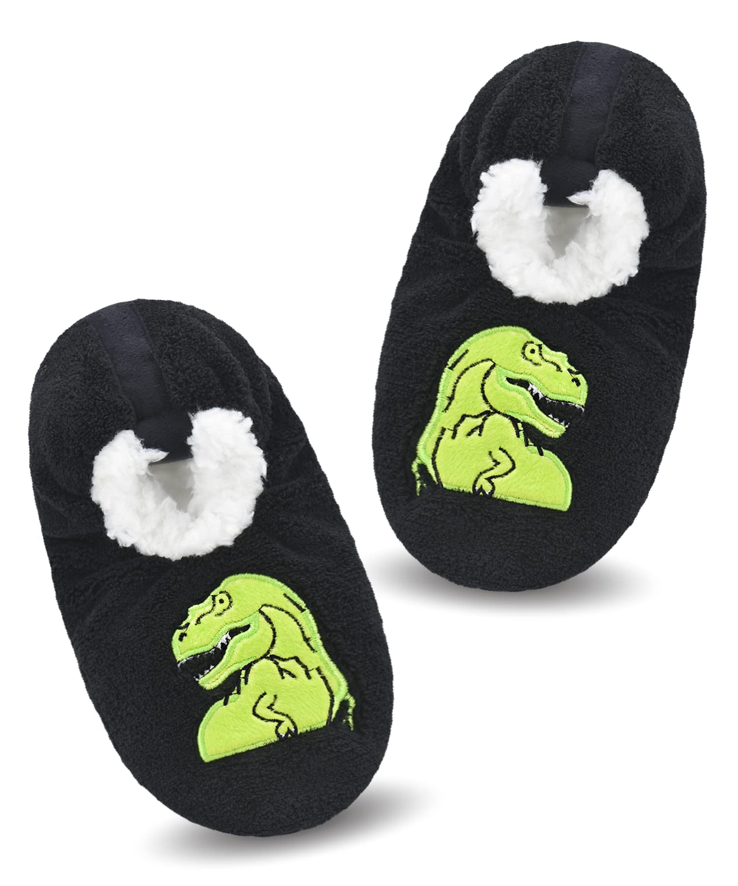 VAGUKU Boys House Slippers With Non Skid Bottoms, Cute Animal Slipper Socks With Grippers For Big Kids, Cozy Soft Sole Warm Fuzzy House Shoes