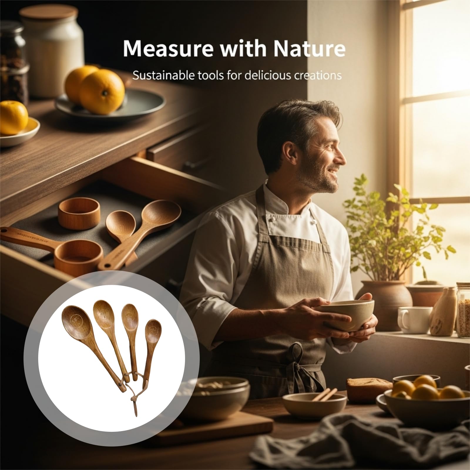 Tasses et cuillères doseuses en bois, lot de 8, tasses en bois d'acacia, cuillères en bois de hêtre, marquages gravés, design emboîtable pour rangement facile, idéal pour cuisiner et pâtisser