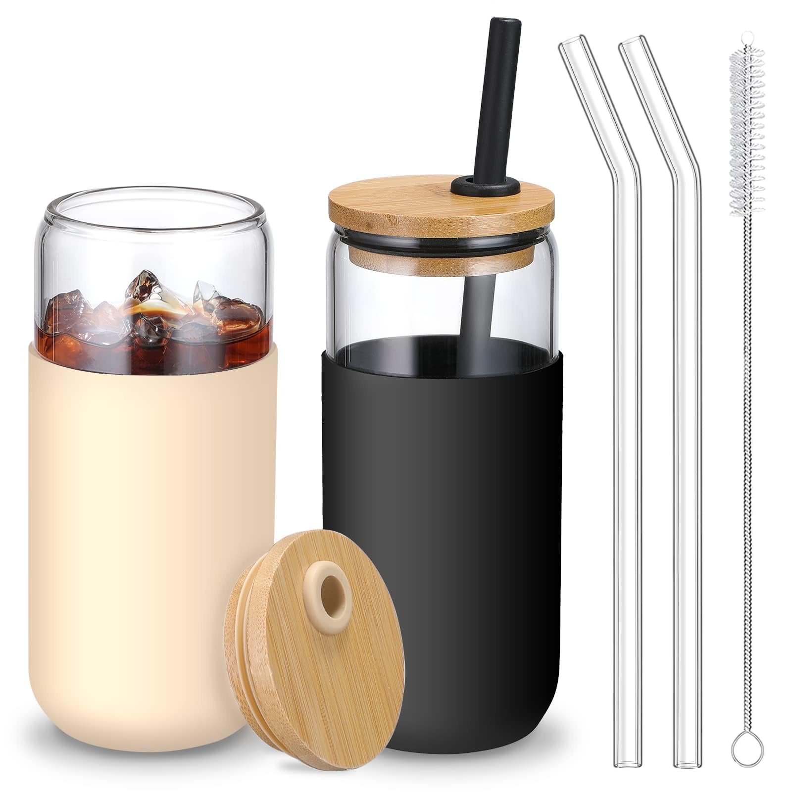 DOOKOO 20 OZ Glass Cups with Bamboo Lids and Straws - Beer Can Shaped Drinking Glasses with Silicone Protective Sleeve Set, Iced Coffee Glasses, Cute Tumbler Cup for Water, Tea, Gift (Amber&Black)