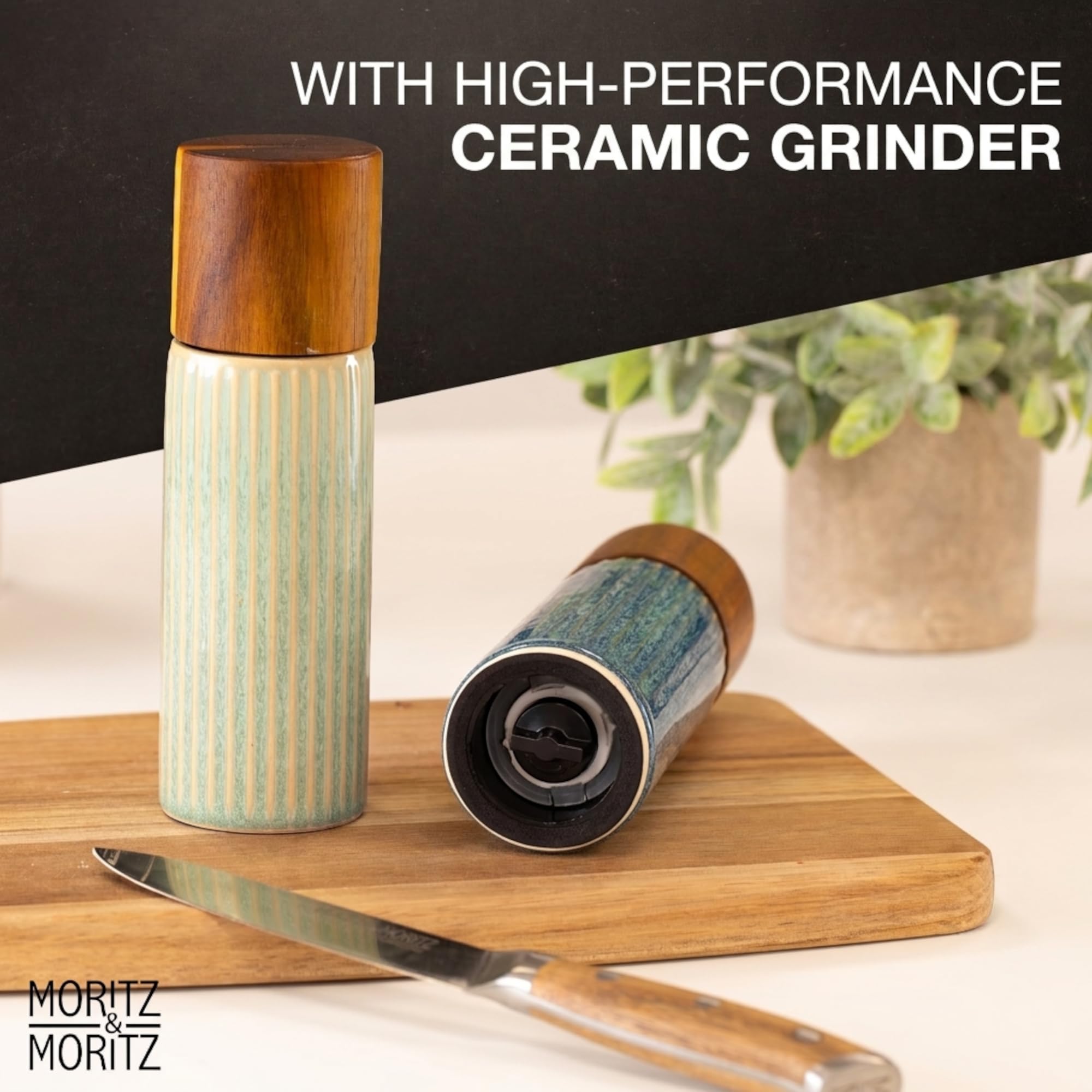 Moritz & Moritz PEPE Juego de Molinillos Sal y Pimienta (2 uds Azul/Verde) – Molinillo Especias Cerámica, Piedra y Madera de Acacia, Ajuste Grueso/Fino