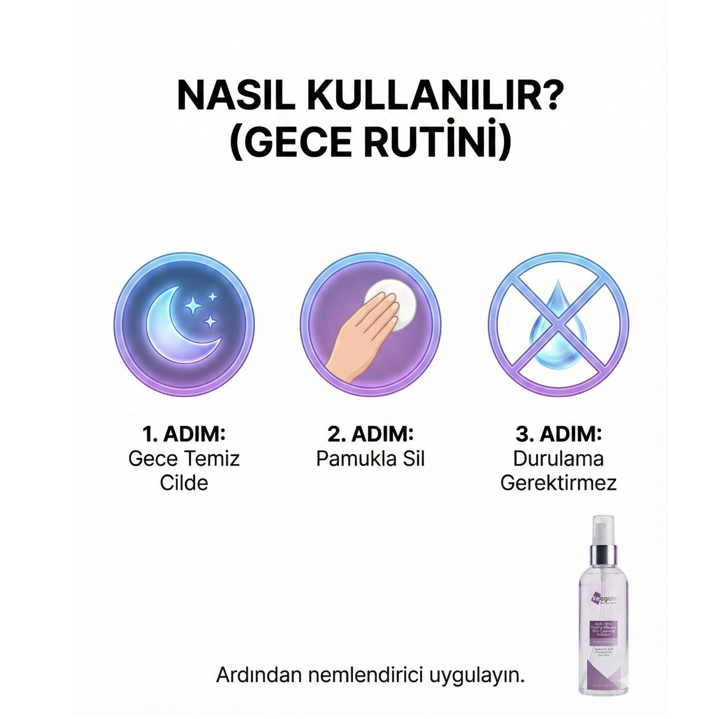Reagain AHA BHA Peeling Etkili Cilt Temizleme Tonik - Glikolik Asit, Salisilik Asit, Laktik Asit, Hyaluronik Asit, Zinc PCA, Provitamin B5-200 ml (6.76 fl.oz)