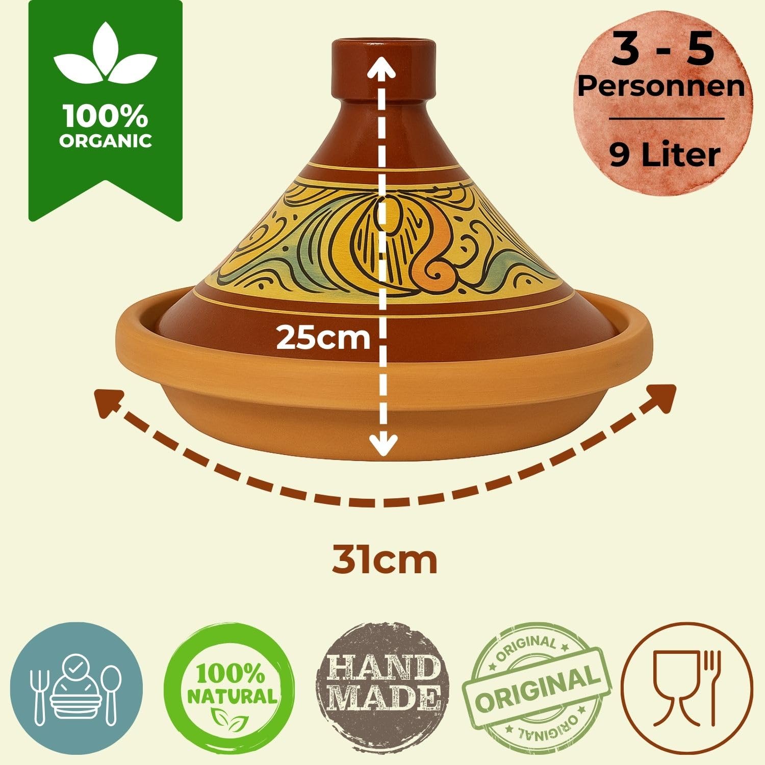 Tajine marocain pour la cuisson | Cocotte émaillée Chaouen Ø 30 cm pour 4 à 5 personnes | Avec recette et manuel d'utilisation (français non garanti) | Pot en terre cuite original fabriqué à la main