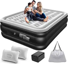 Colchão Inflável Queen Size 205 * 155CM com Bomba de ar Elétrica Recarregável Embutida, Inflação e Deflação Rápidas e Automáticas, para Viagens e Acampamentos (Preto e Branco)