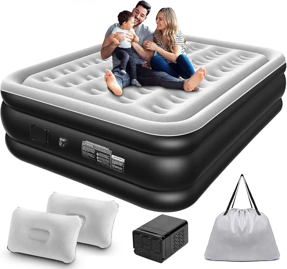 Colchão Inflável Queen Size 205 * 155CM com Bomba de ar Elétrica Recarregável Embutida, Inflação e Deflação Rápidas e Automáticas, para Viagens e Acampamentos (Preto e Branco)