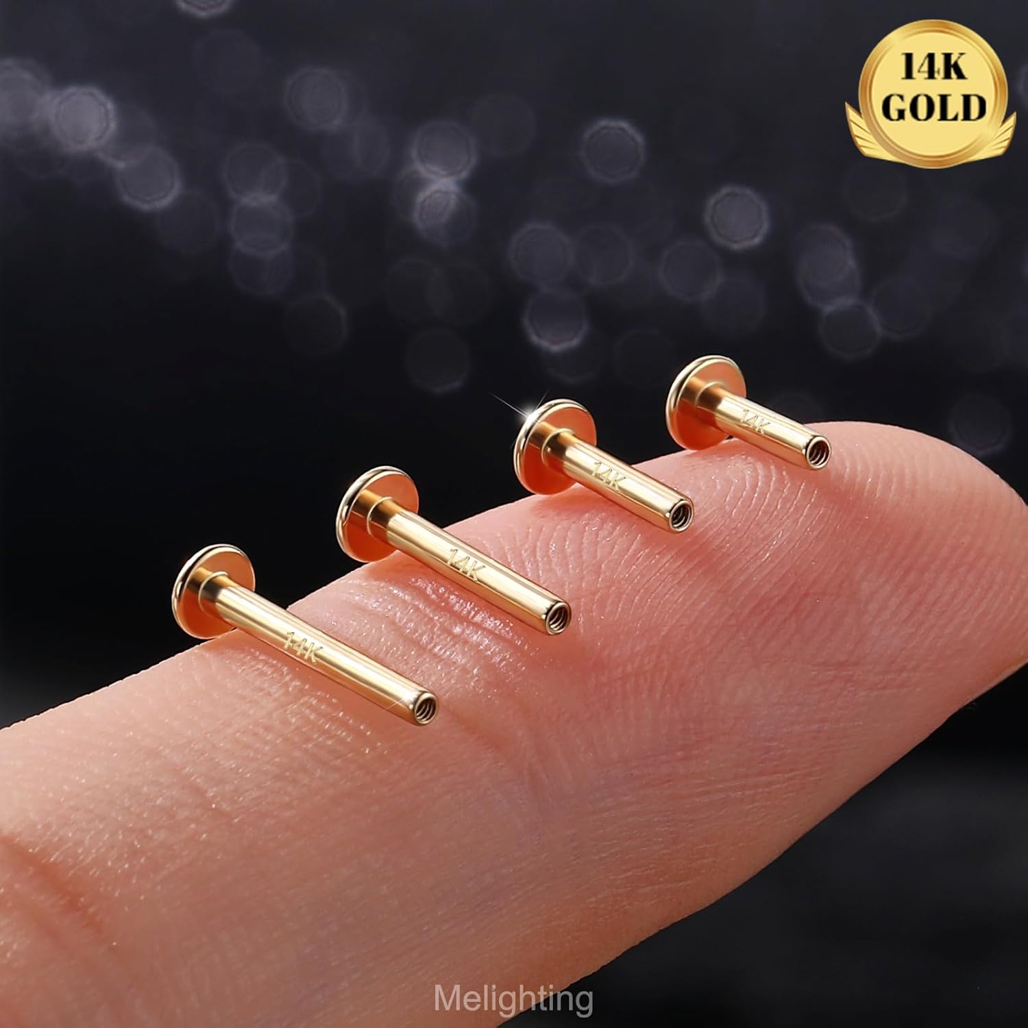 Melighting 14K Solid Gold Internal Thread Post Replacement, 16G Gold Bar in Flat Back, Labret, Helix, Conch, Tragus Cartilage Stud Earring 5/6/8/10 mm - Image 2