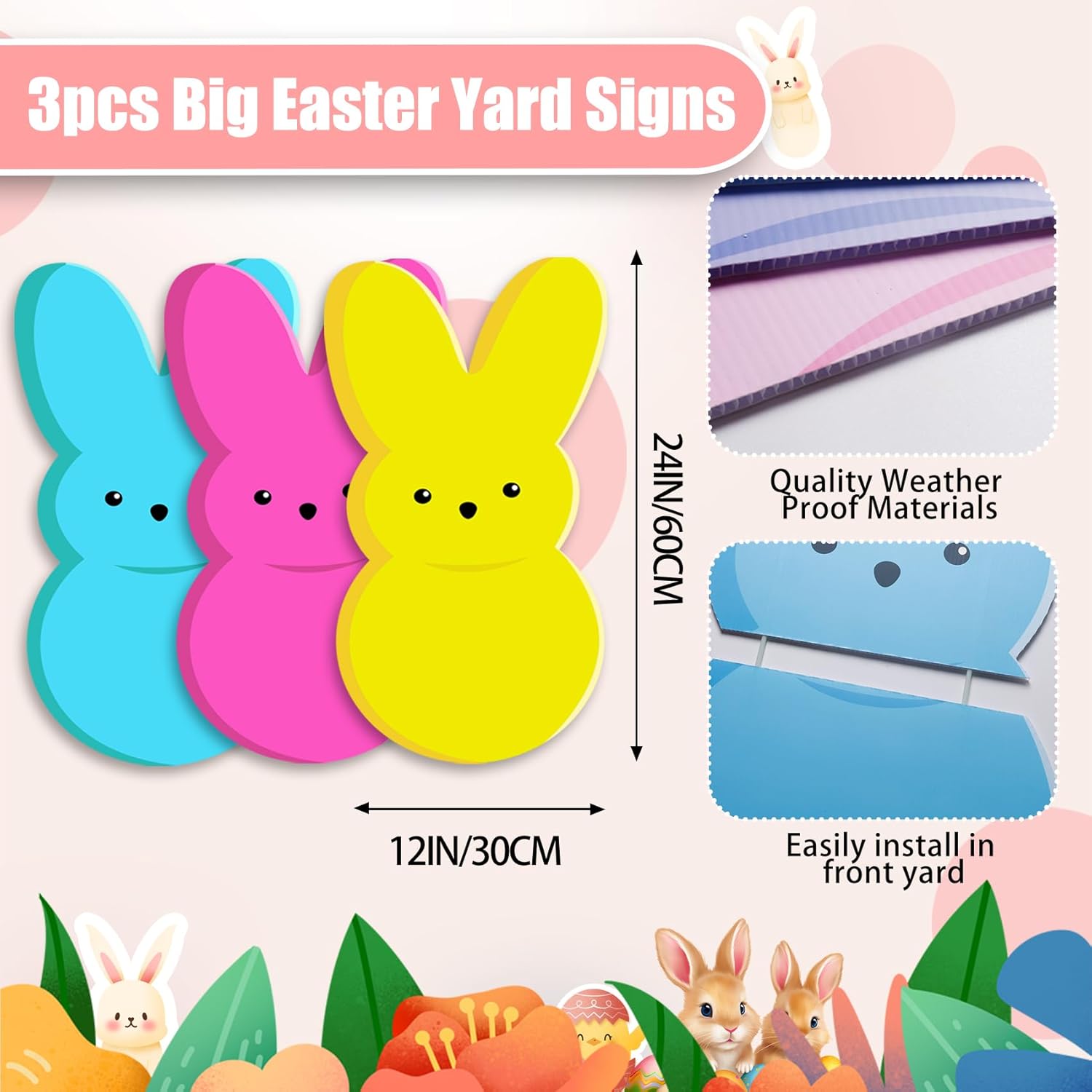 24in Bunny Yard Sign Stakes - Outdoor Lawn Decorations for Easter Party Supplies