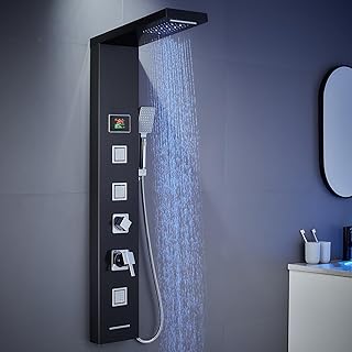 KINKIBOS Tower Shower Panel with Mixer, 5-Function Shower Column with LED Temperature Display Rain&Waterfall, Massage Jets, Handheld Shower and Bath Spout, Shower Panel 304 Stainless Steel, Black