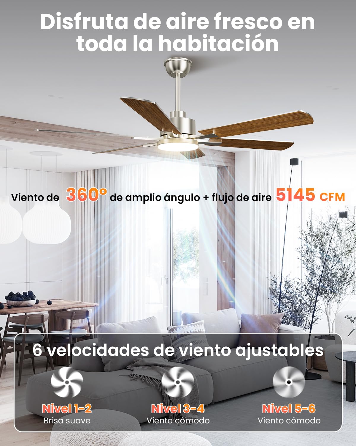 Airwit 132cm Grande Ventilador de Techo con Luz Doble Cara Aspas, Silencioso Ventilador Techo LED con Mando a Distancia y Reversible Motor DC para Dormitorio Salon