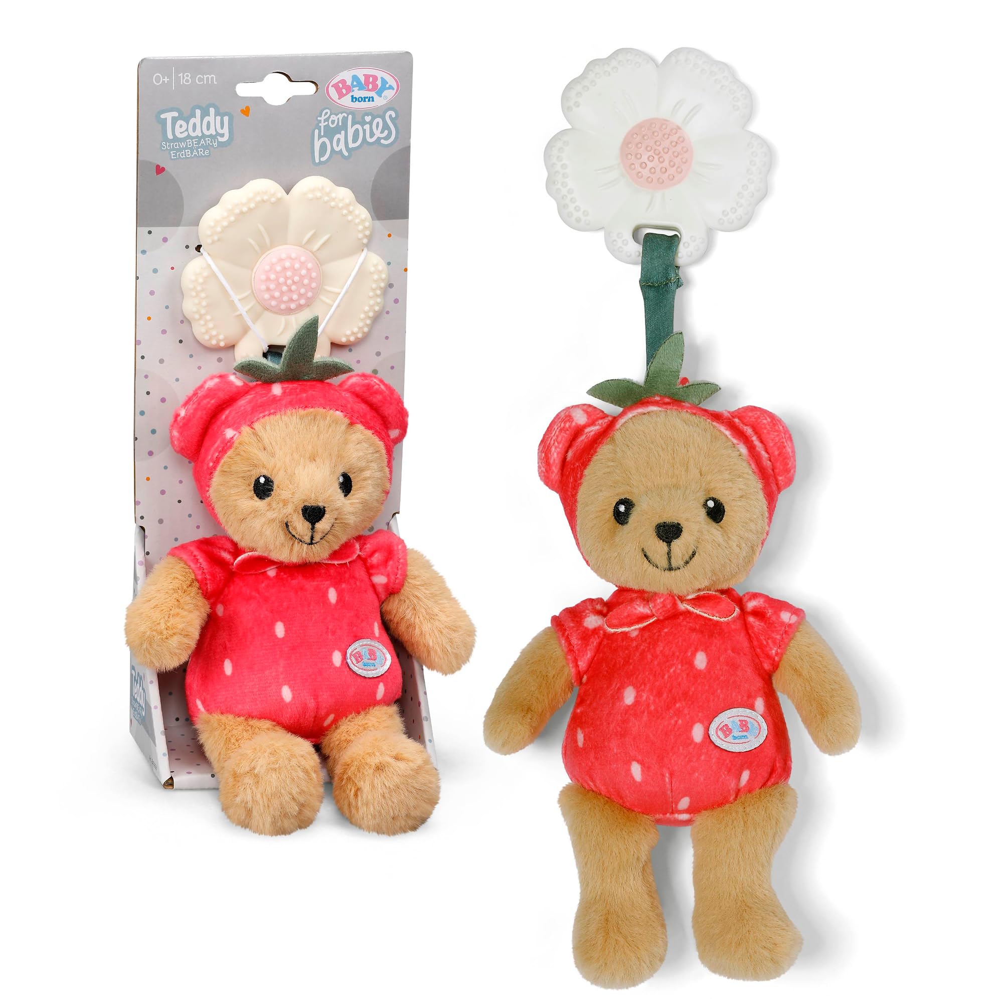 BABY born for Babies Teddy StrawBEARy, with teether, Rattle & Crackling Paper, Washable. Suitable from Birth.