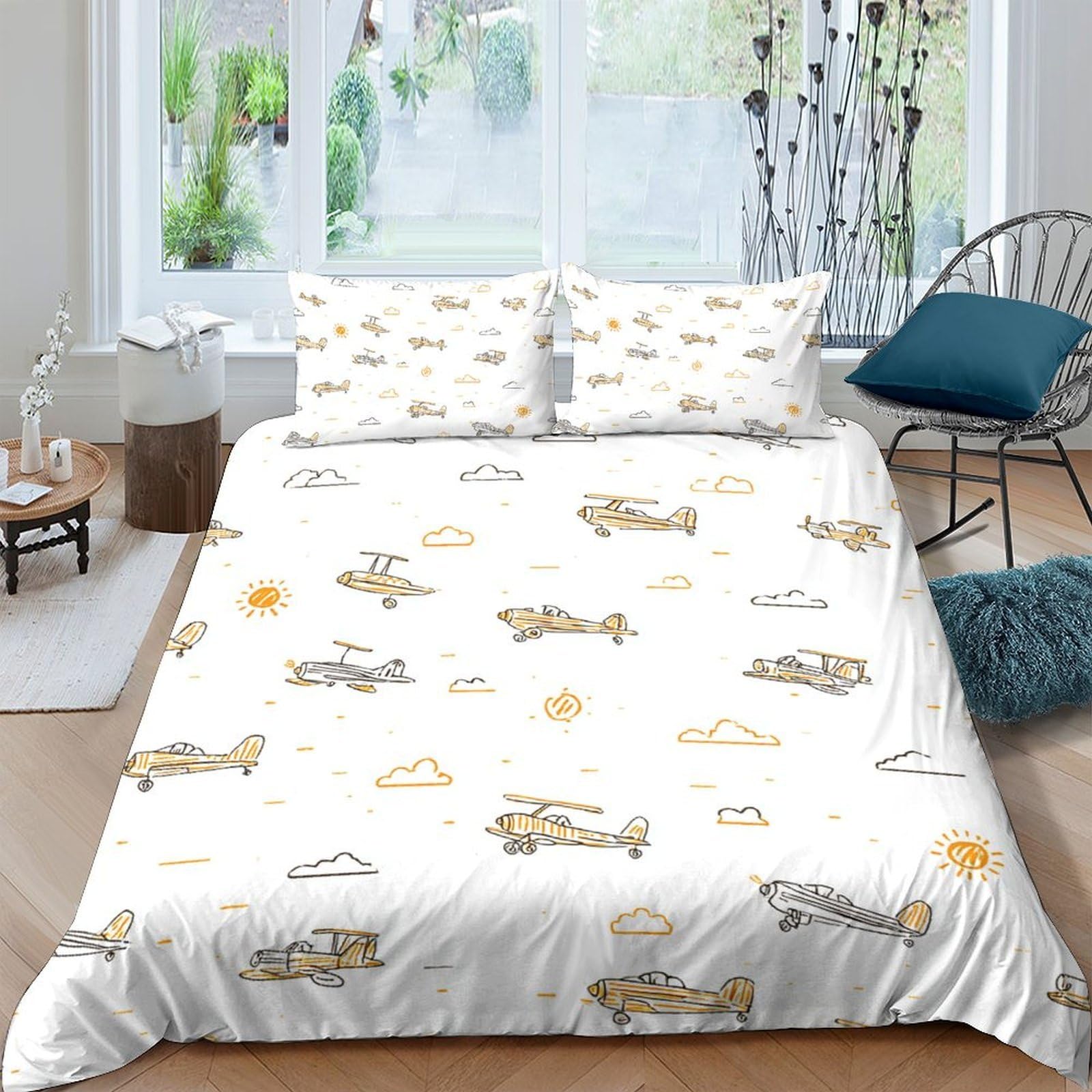 Ctjqhvkz Style-6 3D Printed Vintage Airplane Fitted Sheet Microfiber Soft Cartoon Clouds Bed Cover For Bedroom Guest Room Easy Care Single（135X200cm）