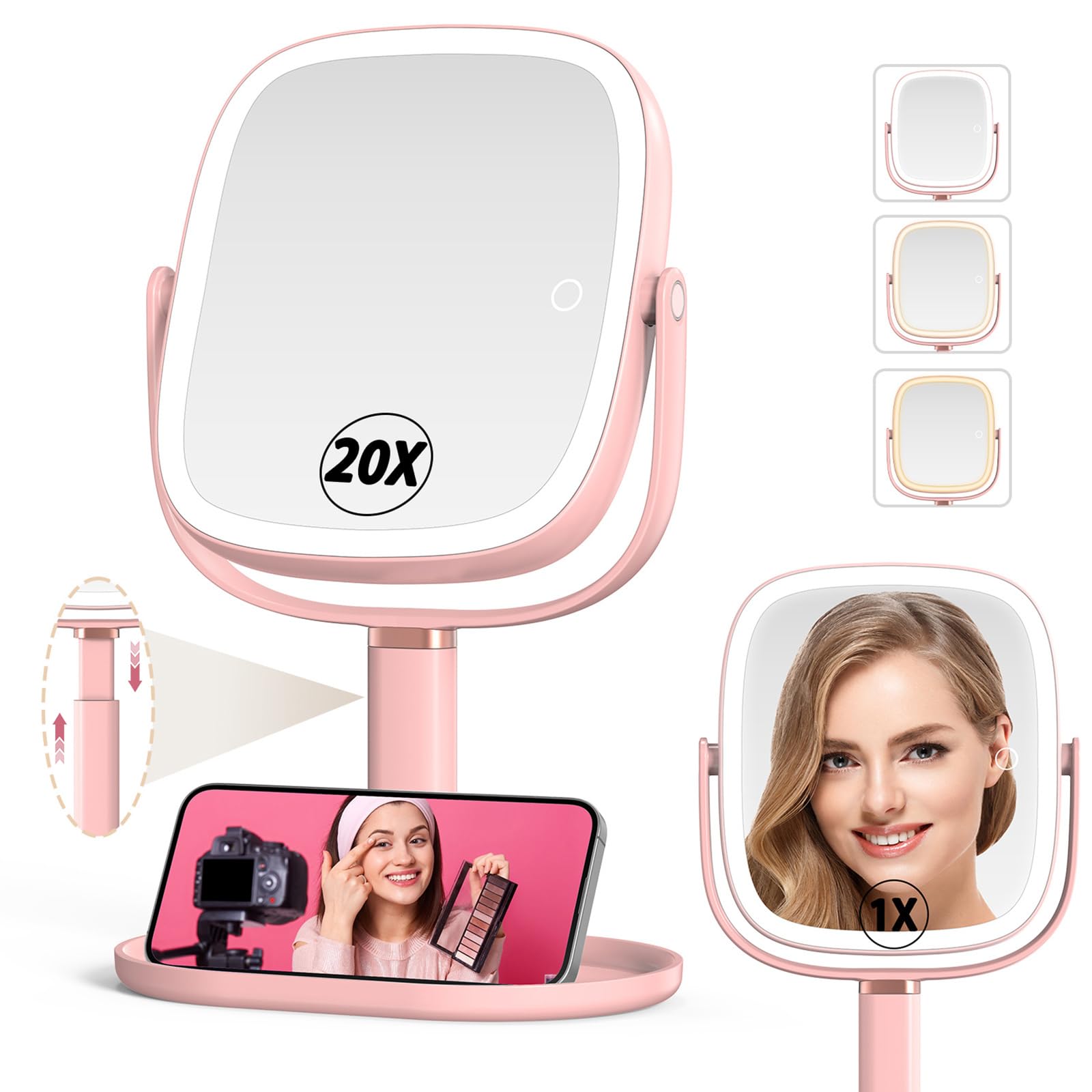 Mocado Makeup Mirror with Light, 360° Rotation 1X/20X Magnifying Makeup Mirror, Rechargeable Double Sided Tabletop Vanity Mirror with Height Adjustable, 3 Color Light, Dimmable Touch, 21.4cm(Pink)