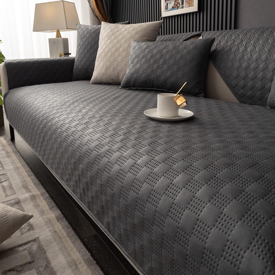 vctops Luxury Water Resistant Quilted Sofa Cover Faux Suede Plaid Sectional Couch Cover Anti-Slip Sofa Slipcover for Dogs, Children, Pets Furniture Protector (Dark Grey,36"x70")