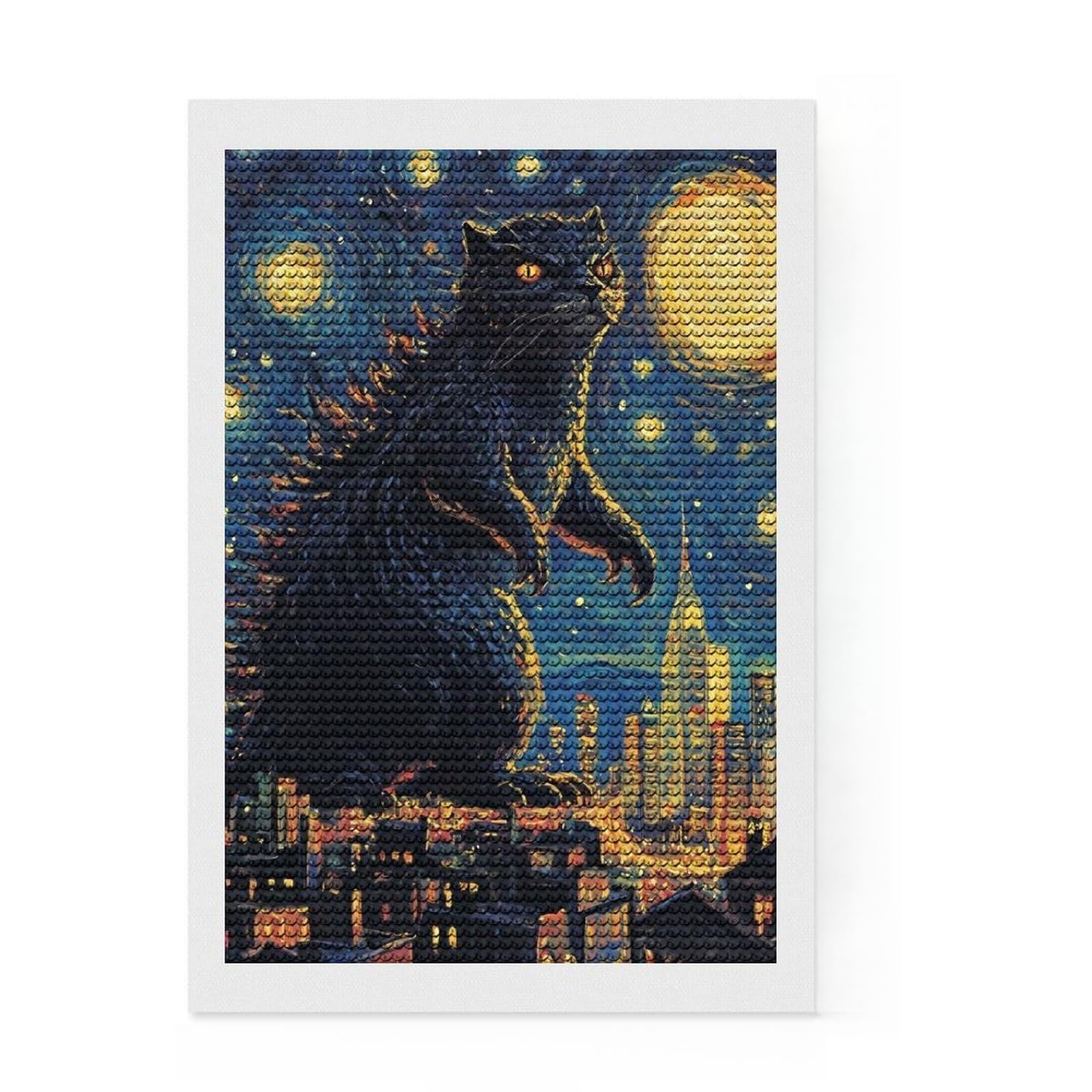 Junmoney Catzilla Starry Night Diamond Painting Canvas Kit 8"x12", Festive Home Decor, for Women, Farmhouse Decor, Decor Project, Cute Room Decor