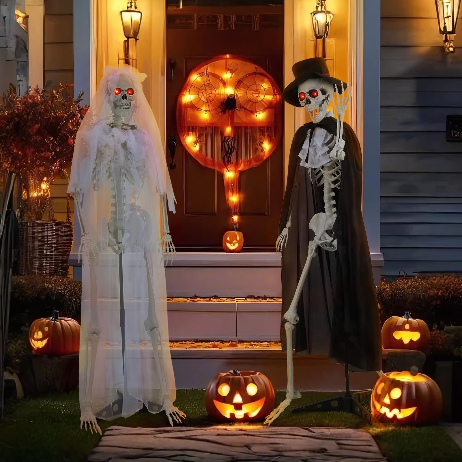 hatleues Szkielety panny młodej o długości 1,6 m ze świecącymi oczami, przerażający dźwięk, 1 para szkieletów na Halloween, możliwe szkielety z ruchomymi stawami, plastikowy szkielet para dekoracja na