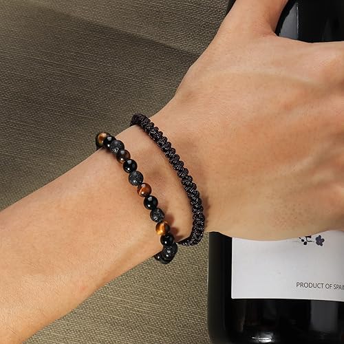 Miniatura 6 de Black Beaded Bracelets for Men Boys: 6mm Obsidian Onyx Lava Beads Mens Bracelet Set Mens Jewelry - Cool Anniversary Valentines Fathers Birthday