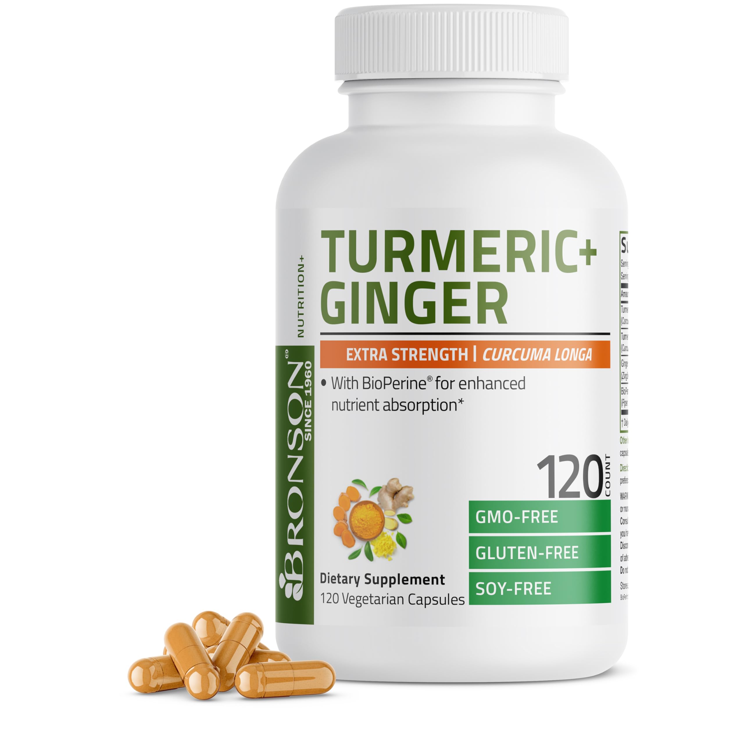 Bronson Turmeric + Ginger with BioPerine, 120 Vegetarian Capsules Turmeric and Ginger 120 Count (Pack of 1)