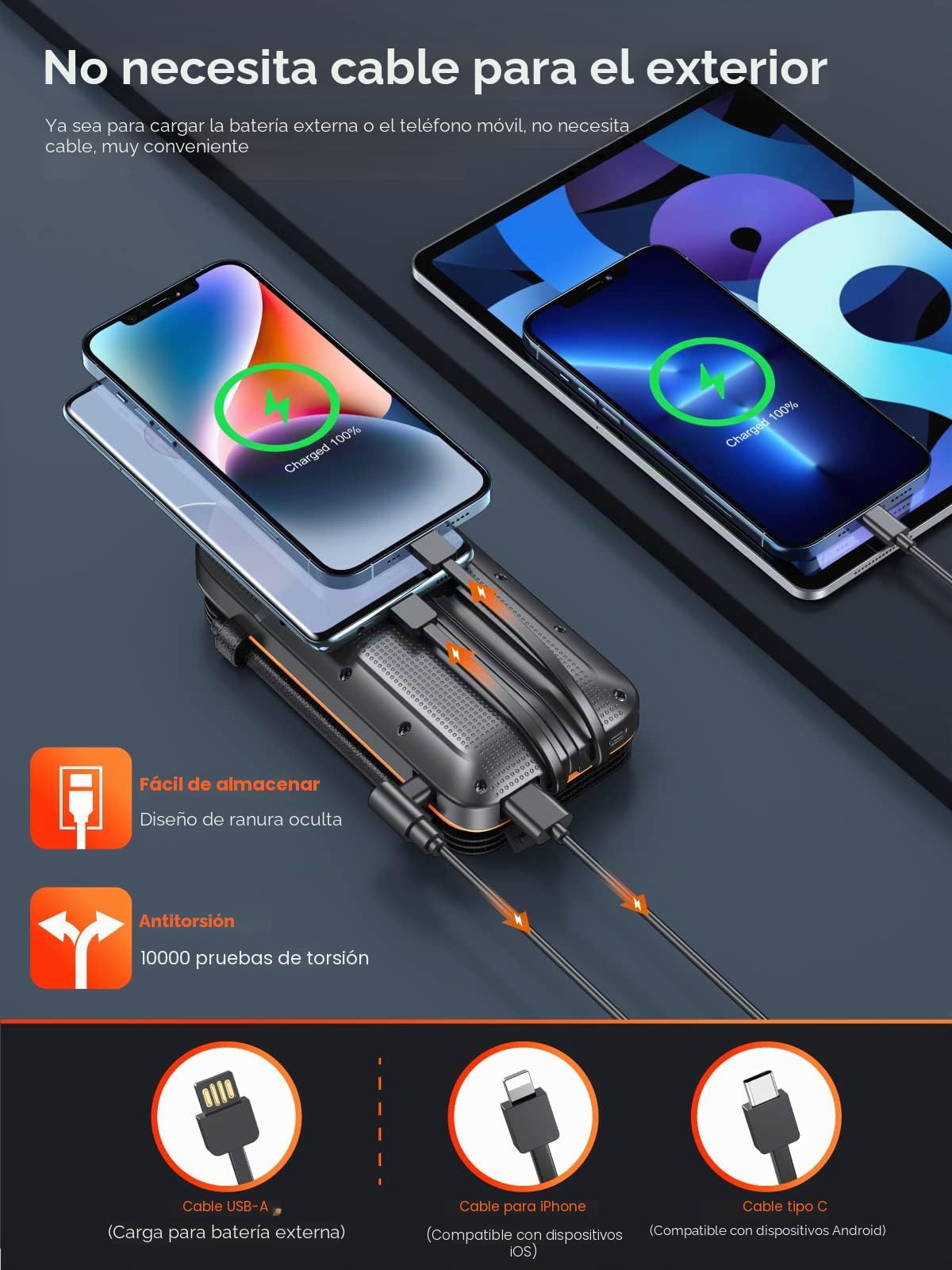 Portable Solar Charger 20000mAh, Cargador Solar con 3 Cables Función de Carga Rápida con 4 Paneles Solares y 3 Linternas LED, Bateria Solar Portatil para Teléfonos Inteligentes(Naranja)