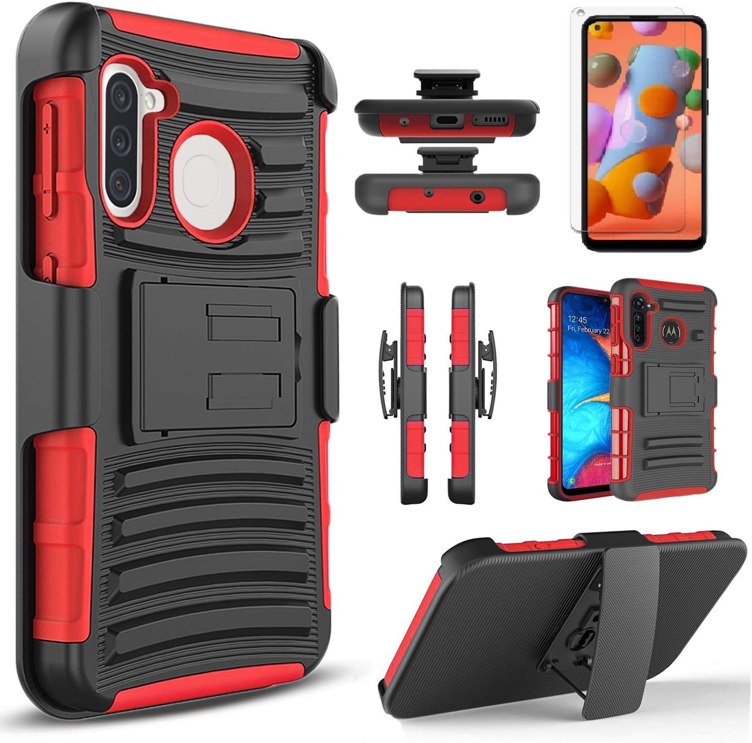 Samsung A11 Case, Circlemalls- Samsung Galaxy A11 Phone Case, [Not Fit Samsung A12/A21] With [Tempered Glass Screen Protector Included], Armor Heavy Duty Kickstand Cover With Belt Clip Holster - Red