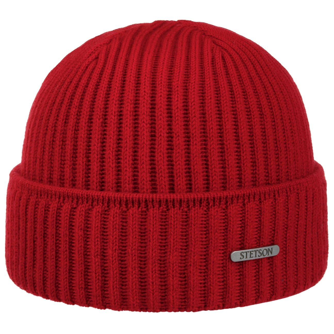 Stetson Unisex Red Parkman Knitted Hat For Ladies / Men - 100% Merino Wool Winter Cap - Made In The Eu - One Size 54-62 Cm Turn-Up Cap - Woolen Cap For Autumn/Winter - Ribbed Cap One Size