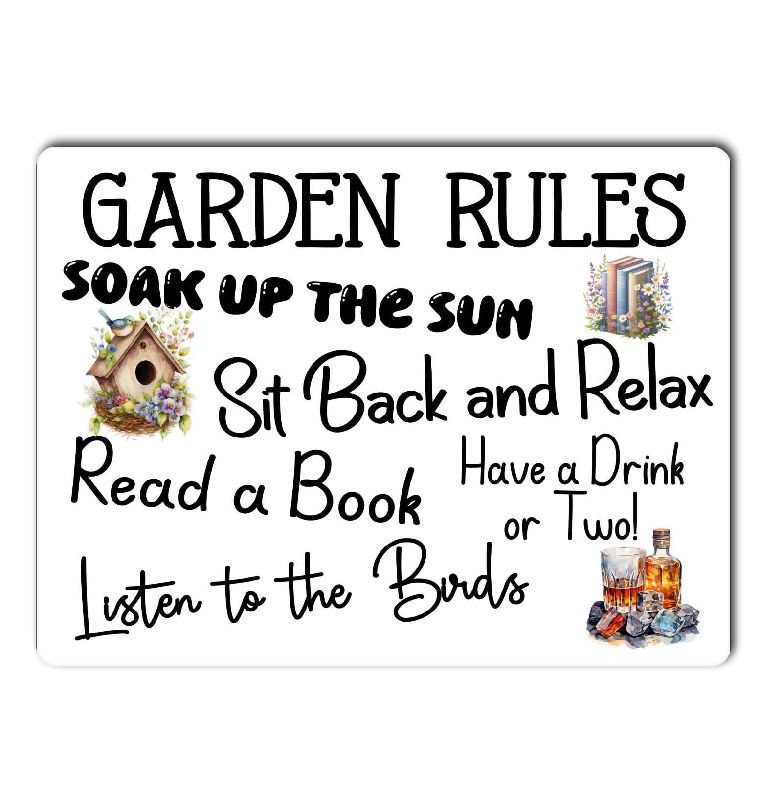Decalarama White Garden Metal Sign Gift – Garden Rules – Soak Up The Sun – Cute Fun Novelty Aluminium Present
