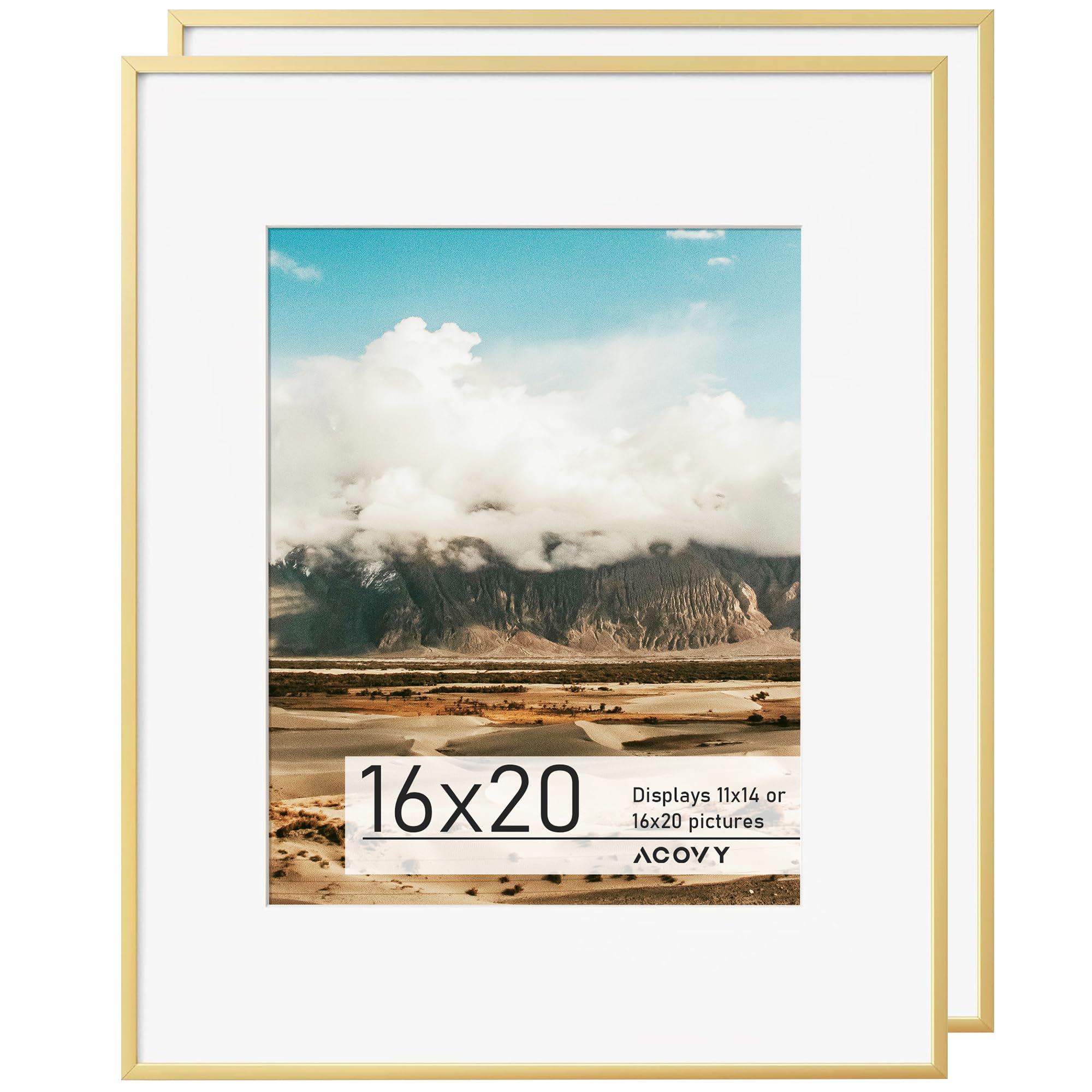 Acovy 16x20 Aluminum Picture Frame with White Color Mat for 11x14, HD Tempered Glass, Metal Poster Frame Photo Frame for Wall Display (Gold, Pack of 2) — image 1