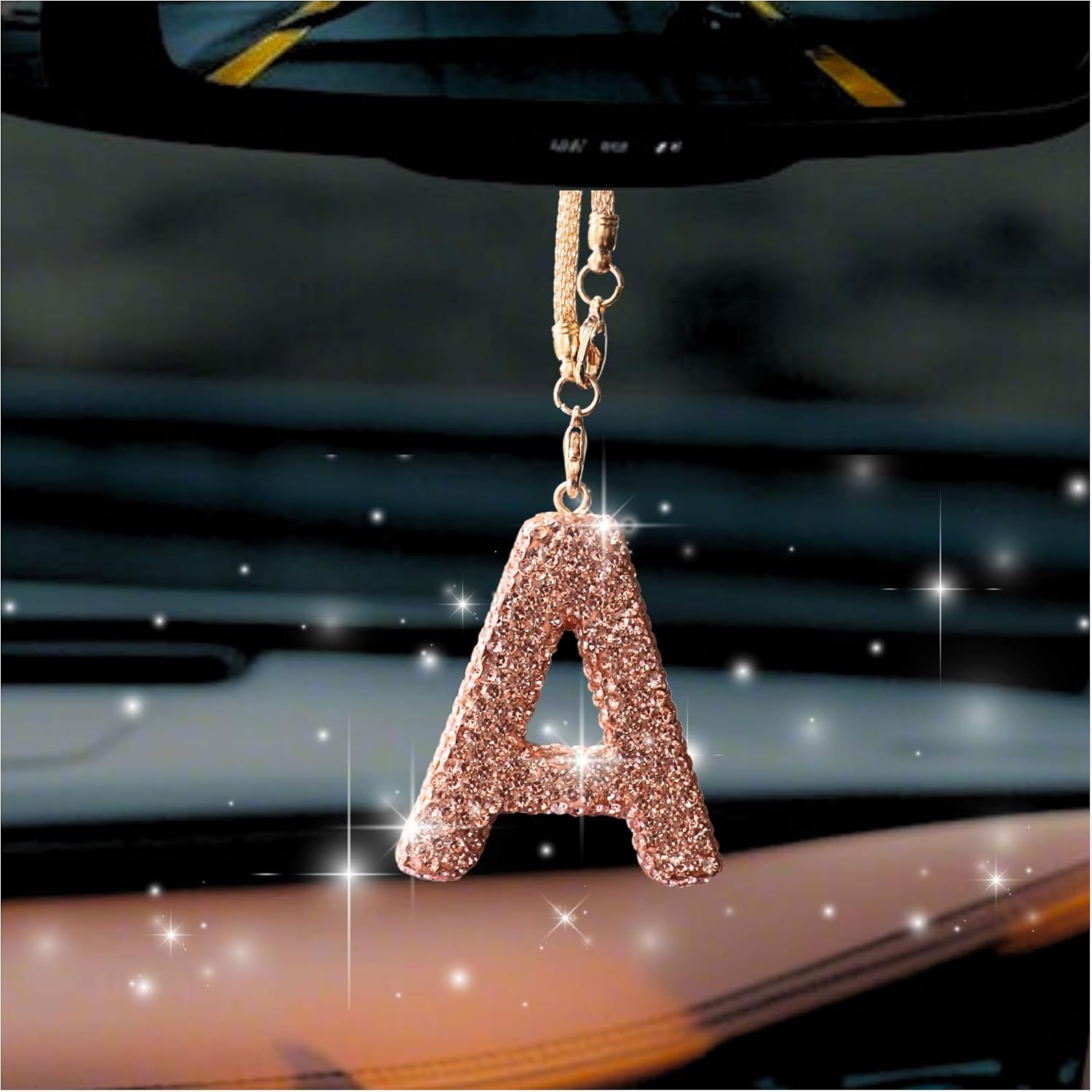Bling Car Accessories for Women Letter Charm, Rainbow Crystal Rearview Mirror Pendant, Cute Diamond Rhinestone Car Decor, Lucky Gift for Women(A, Champagne Gold)