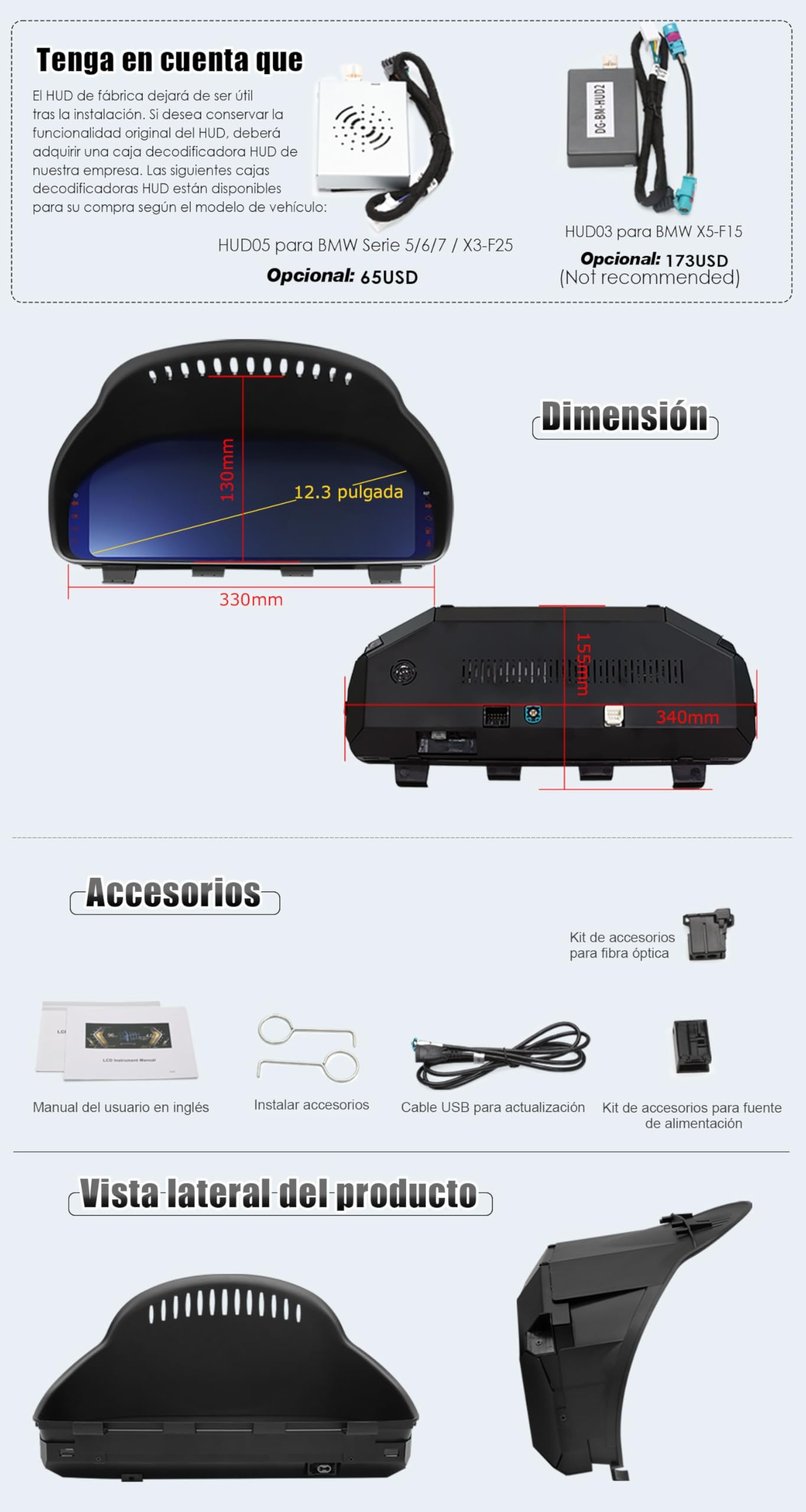 12.3" Cuadro de Instrumentos Digital LCD para BMW Serie 5 F07 F10/F11/F18, Serie 6 F01/F02/F03, Serie 7 F06/F12/F13, X3/X4/X5/X6 F25 F26 F15 F16, Panel de Instrumentos Digital 4-Core, Conectar y Usar