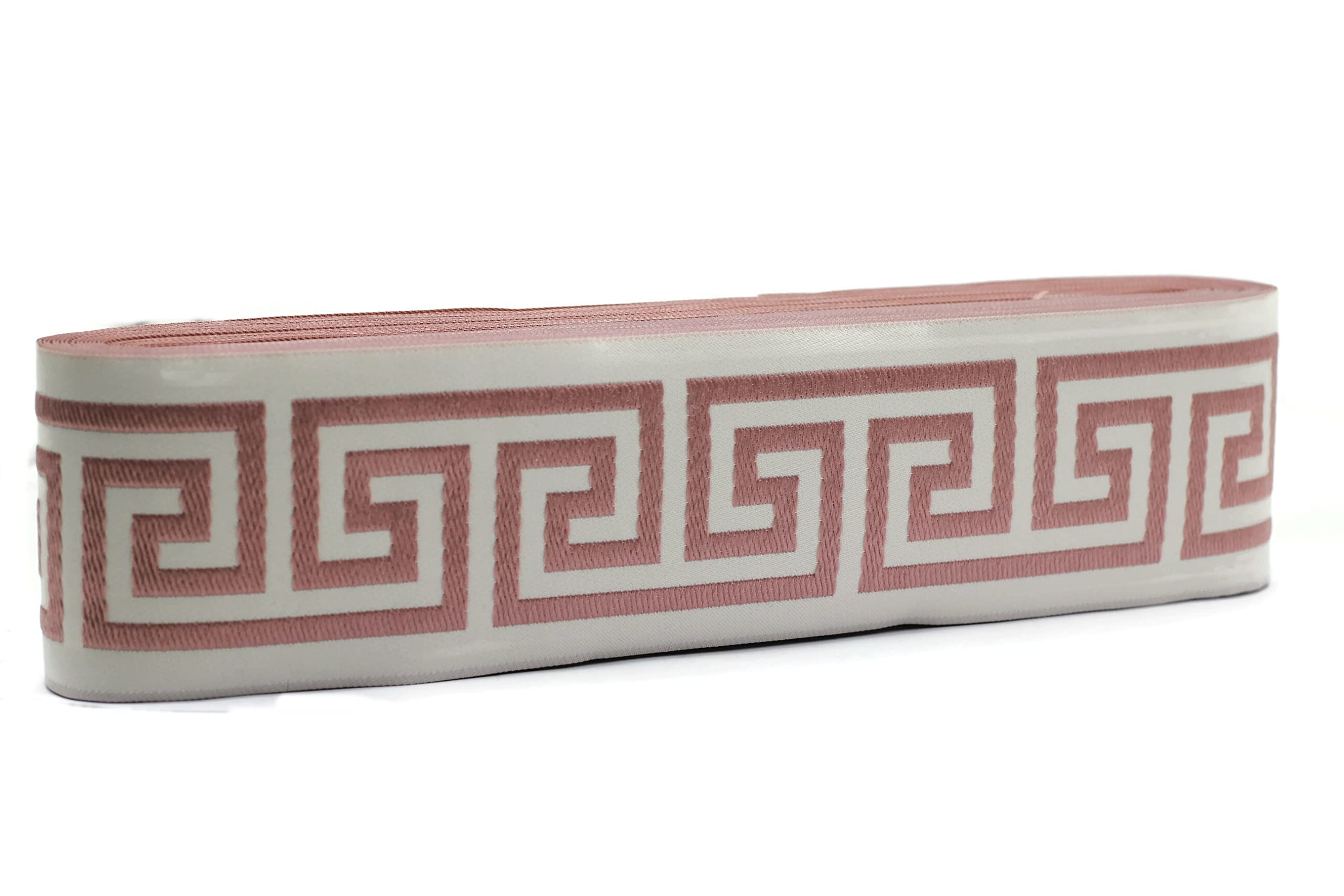 Pink & White Roman Key Embroidered Curtain Trim - 3.8 Yard Spool, 2.67" Wide Jacquard Ribbon For DIY Drapes