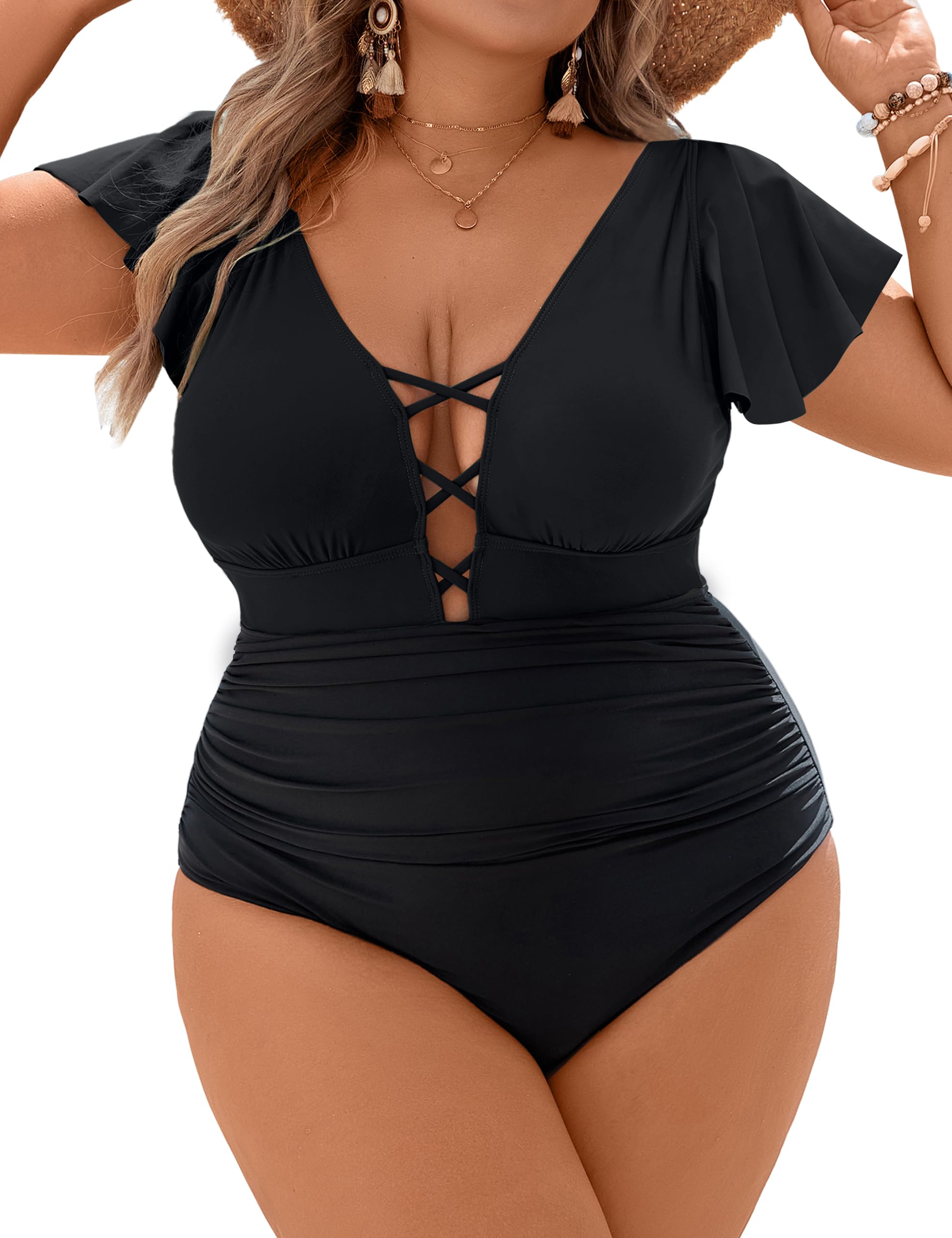 Blooming Jelly Womens Plus Size One Piece Swimsuit Tummy Control Bathing Suit Crisscross V Neck Sexy Swimwear