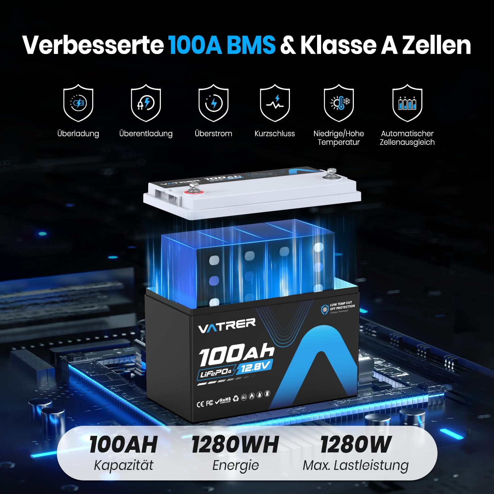 12V 100Ah LiFePO4 Akku mit Niedrigtemperatur-Abschaltung & 100A BMS, 5000+ Zyklen, 1280W für Wohnmobil, Camping, Boot & Solar-Heimanlagen