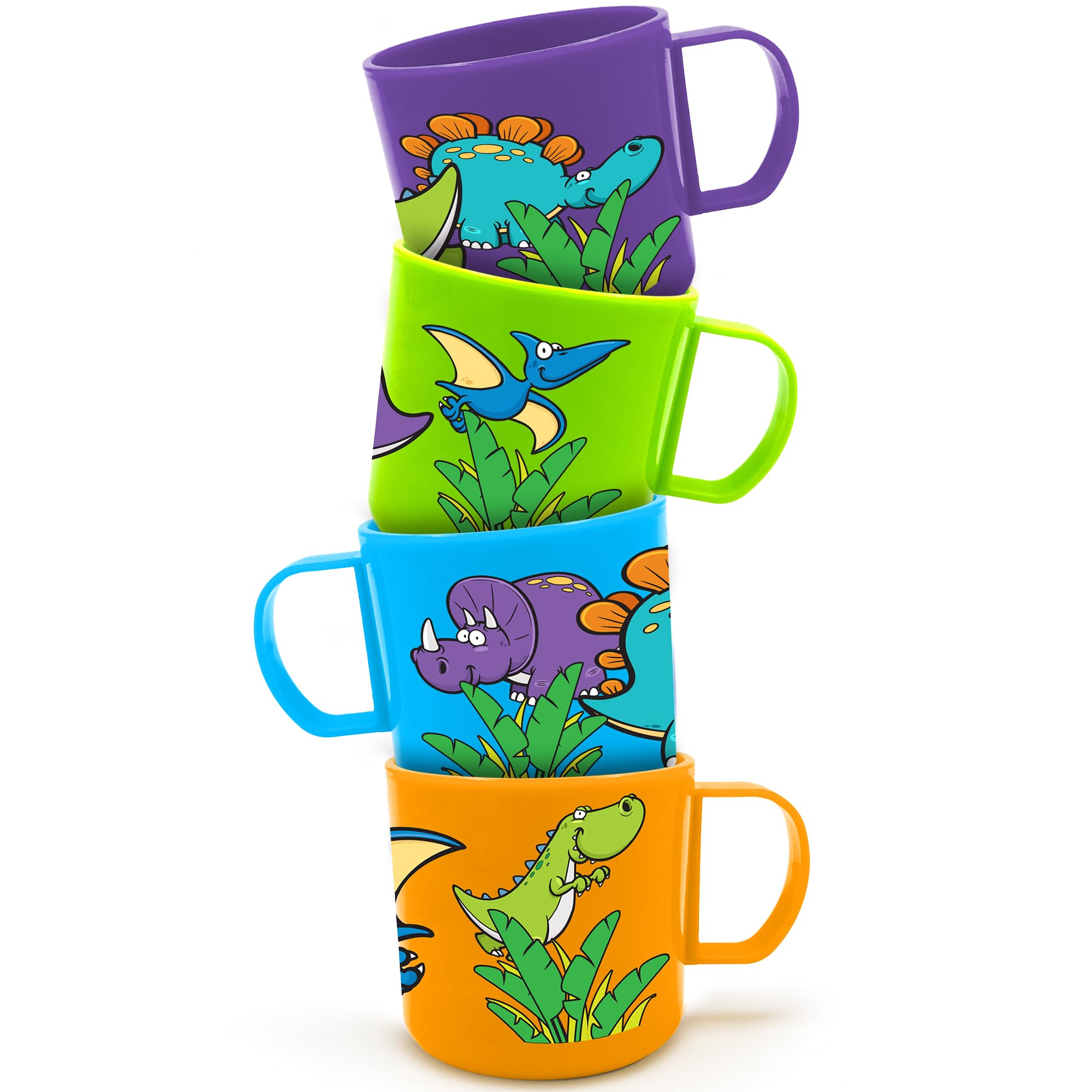 ArtCreativity Dinosaur Mugs for Kids, Set of 4, 3-Inch Plastic Cups in Assorted Colors & Designs, Ideal for Dinosaur Party Favors, Gifts,Photo Booth Props, Table Decorations for Themed Parties