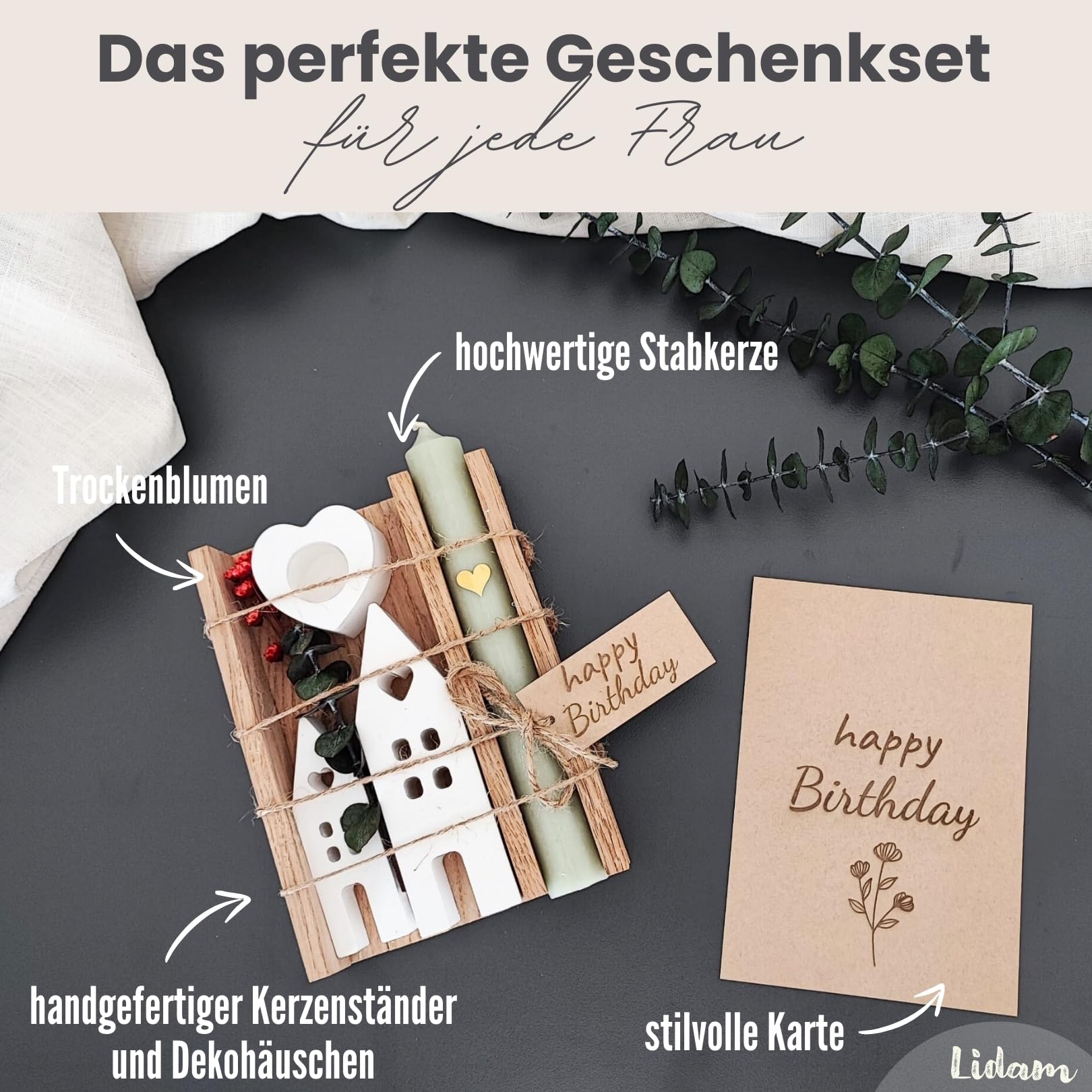 Kerzen Geschenkset zum Geburtstag | Geschenk für Frauen oder Freundin | Mitbringsel | Lichterhäuser Kerze Deko mit Trockenblumen