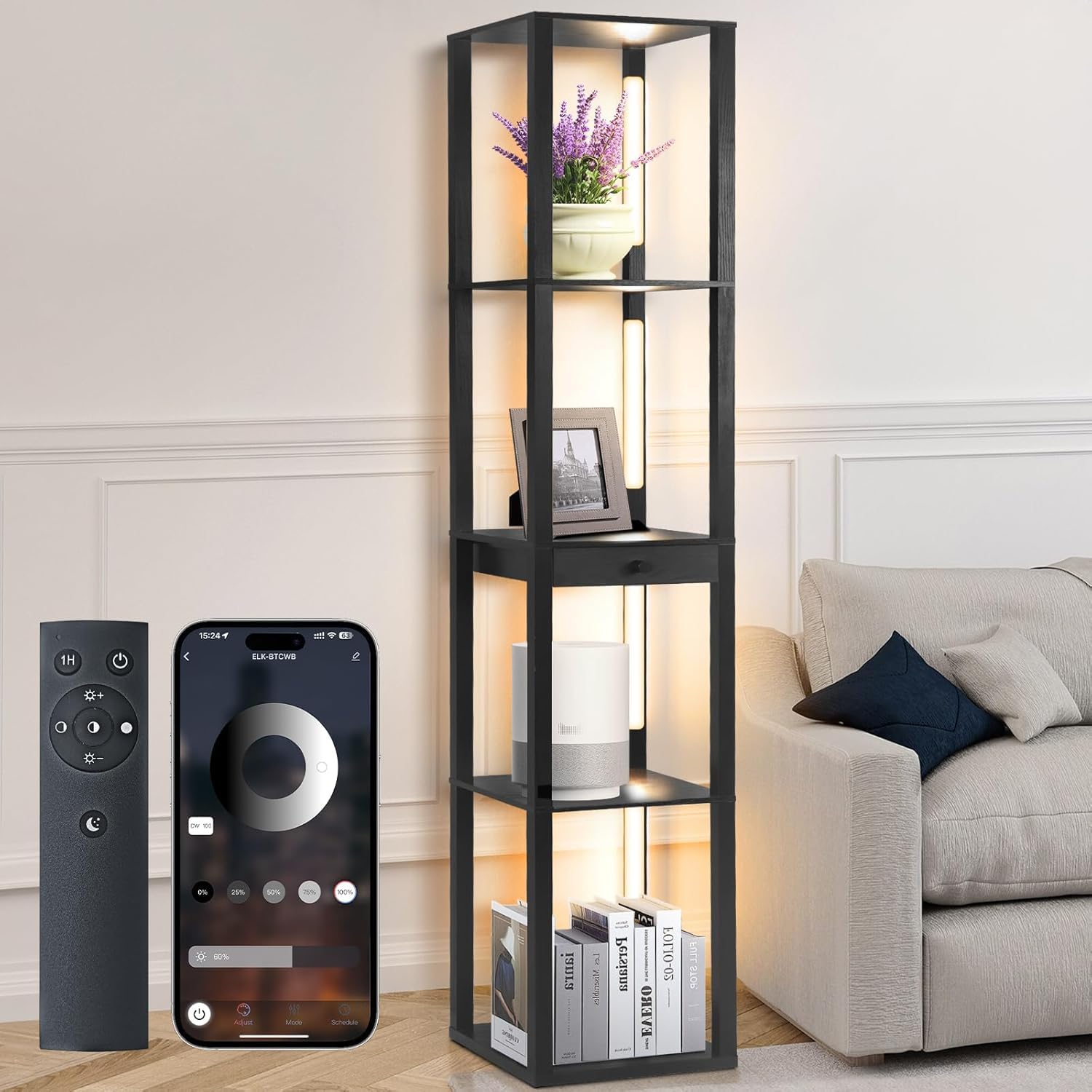 OUTON Lámpara de pie con mando a distancia, regulable y 4 temperaturas de color ajustables, lámpara de pie LED con 2 puertos USB, lámpara de pie con pantalla
