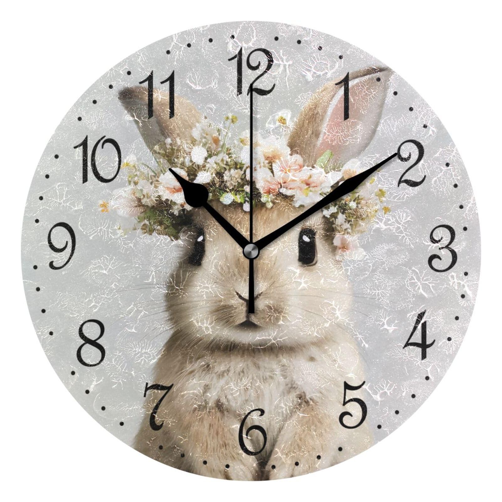 Mnsruu Wall Clock Watercolor Bunny Floral Bouquet, Silent Non-Ticking Decorative Wall Clocks Battery Operated 25x25cm