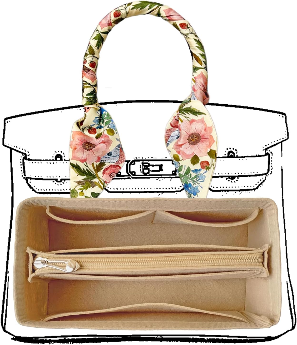 Purse Organizer Insert For Birkin 30 Bag, Felt Insert Organizer With Zipper, Large Capacity Handbags Insert Organizer & Purse Divider (30,Beige)
