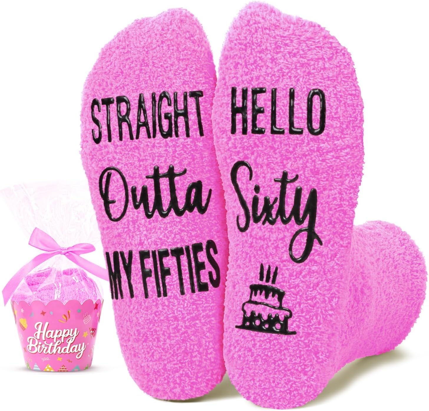 HAPPYPOP Unique Birthday Gifts for Her - Fuzzy Pink 40 50 60 Year Old Socks for Woman