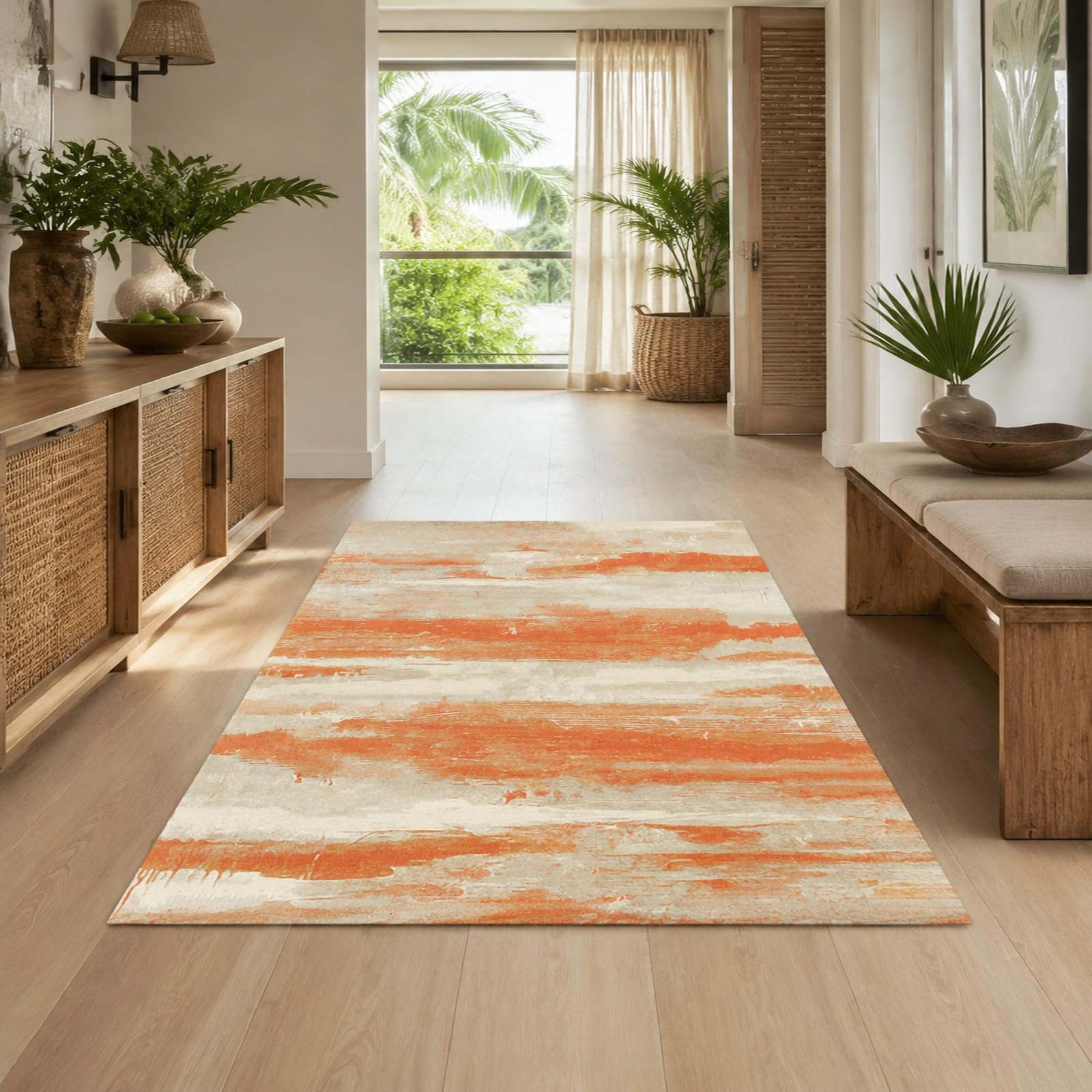 Tapis abstrait rouge et beige au design artistique pour salon et chambre