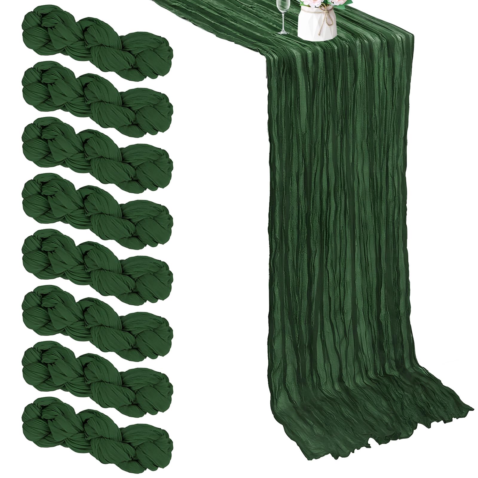 8 Pack Dark Green Cheesecloth Table Runner, 9.84Ft Emerald Green Boho Gauze Cloth Table Runner for Wedding Holiday Party Birthday Party Decoration(50 x 300cm) — image 1