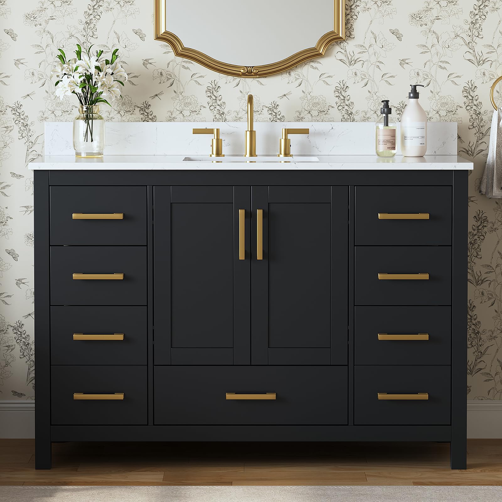 DELUXE LIVING 48-inch fully assembled black vanity with Carrara stone top and 7 drawers