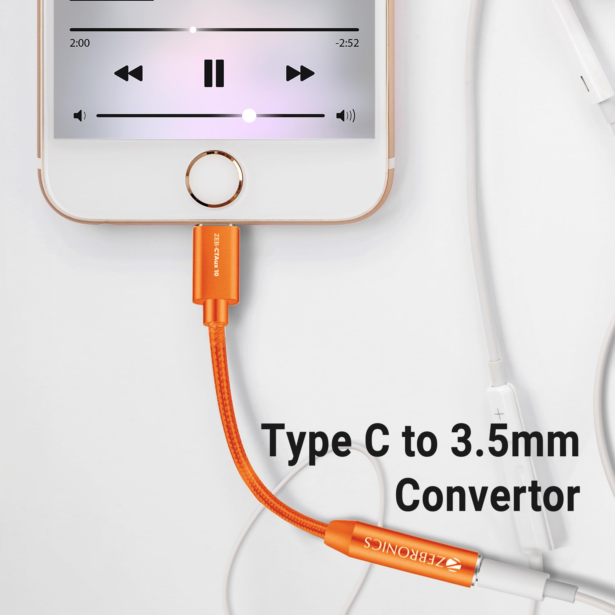 ZEBRONICS CTAux 10 Type-C to 3.5mm Jack, Braided Cable, Built-in DAC Chip, Hi-Definition Audio, Plug & Play, Mic & Audio Support, Aluminum Body, Compatible with Mobile, Tablets & Laptops (Orange) — Amazon image 2