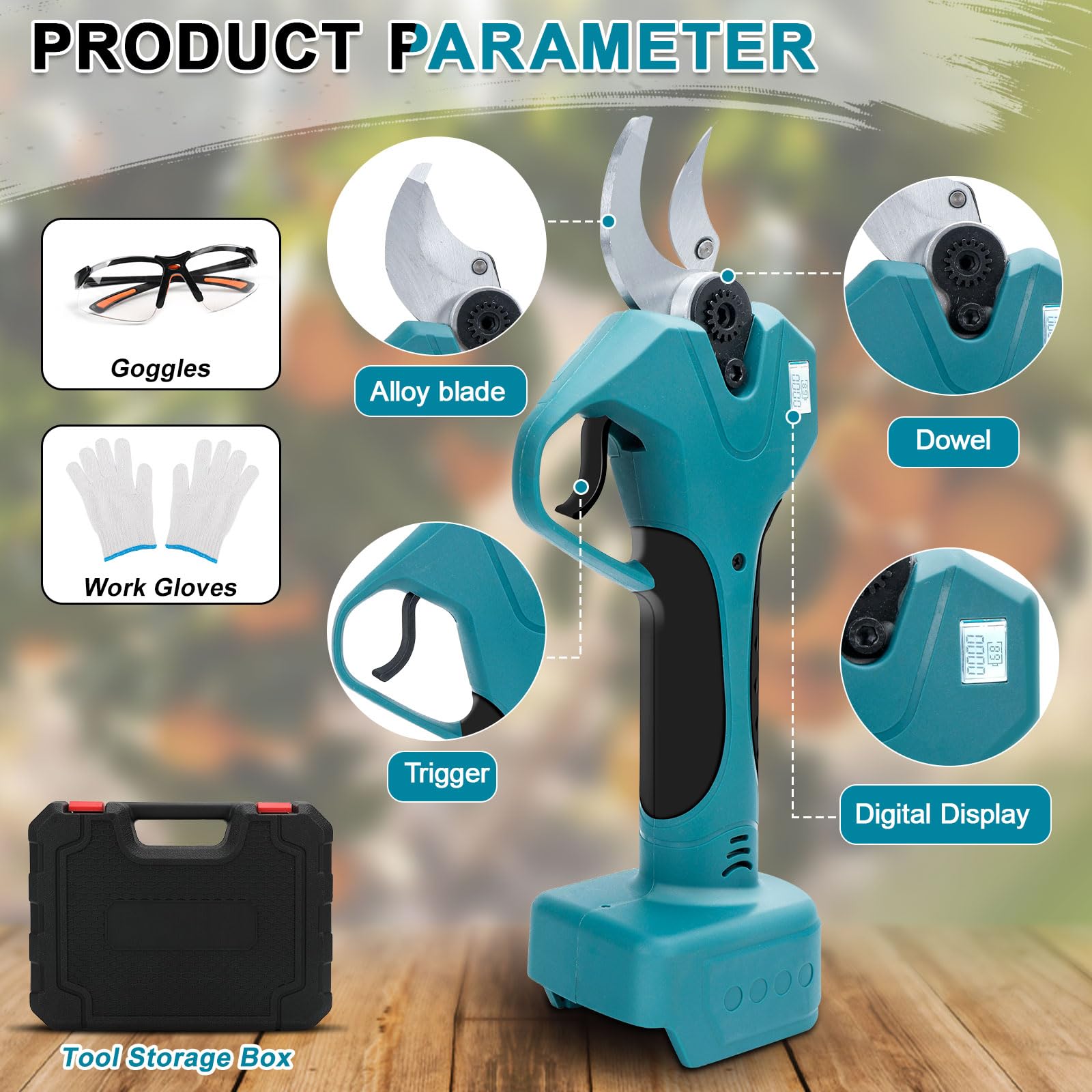 Roadtime Sécateur Électrique sans Fil, Compatible avec Makita 18V Batterie, Diamètre de Coupe 30mm, Sécateur sans Fil avec Pierre à aiguiser, Gants et Lunettes de Protection (Outil Uniquement)