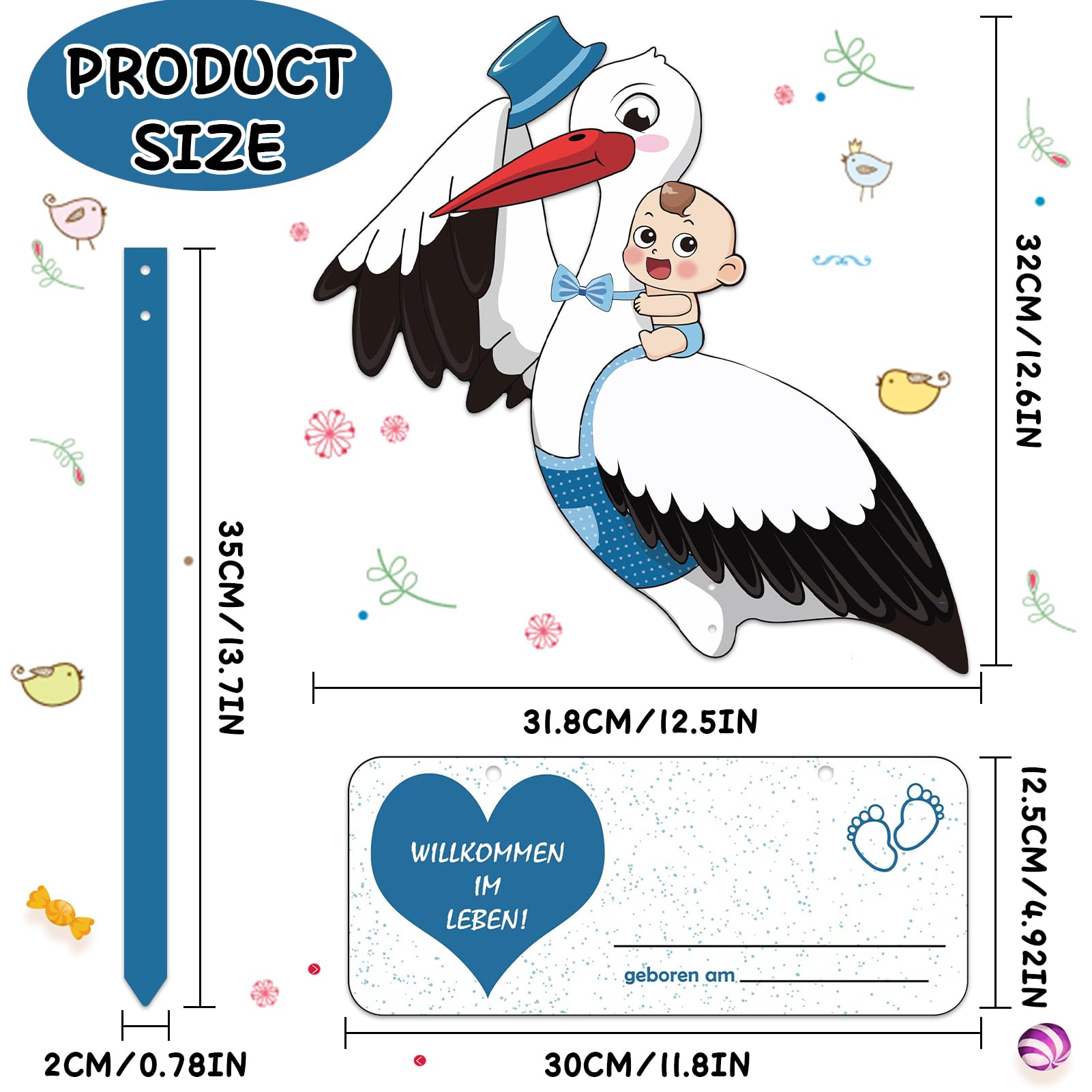 Cicogna a Sonaglio per Bambini, Cicogna Nascita per Esterni, Set di Cicogna a Sonagli per La Nascita, Grande Carina Cicogna a Sonagli in Legno, Cicogna Grande in Legno100 CM Altezza(Blu)