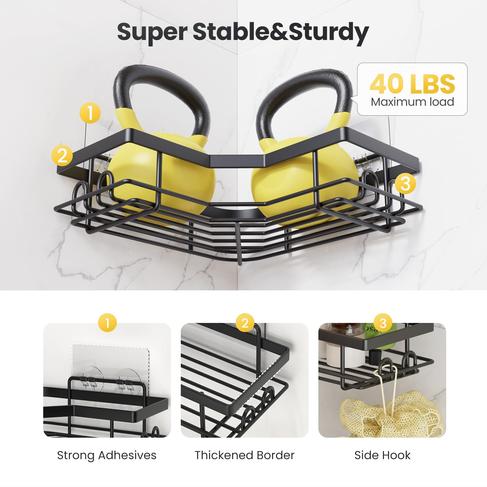 Organizador de ducha esquinero, paquete de 5 accesorios adhesivos de baño con soporte para jabón, estante organizador de ducha de acero inoxidable con 8 ganchos para baño