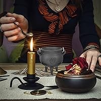 Vista 3 de DOITOOL Caldero de hierro fundido con tapa y asa, caldero de bruja de Halloween, olla de bruja negra para manchar, quemar incienso, decoración