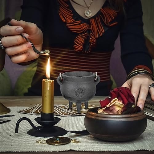 Miniatura 3 de DOITOOL Caldero de hierro fundido con tapa y asa, caldero de bruja de Halloween, olla de bruja negra para manchar, quemar incienso, decoración de