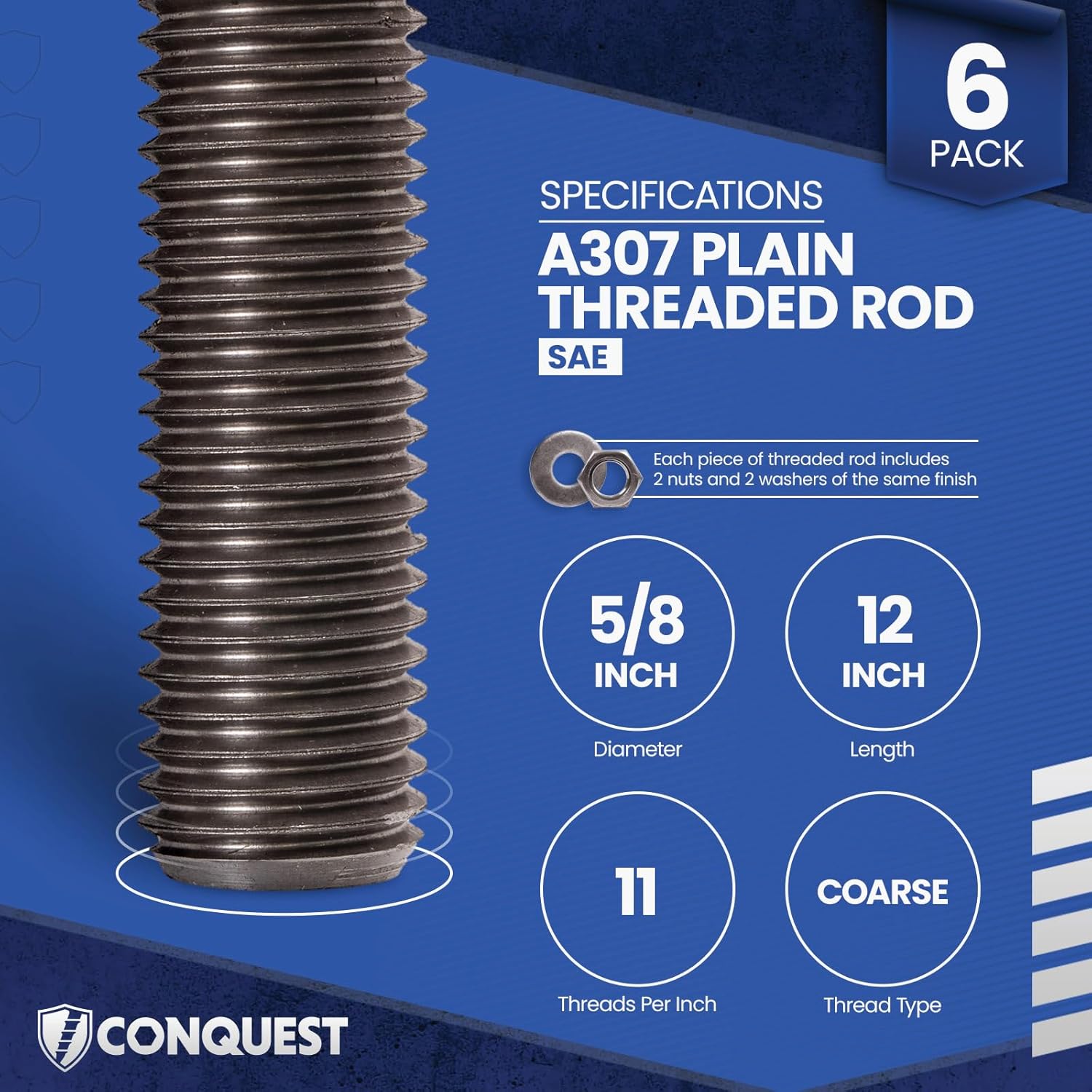 Conquest A307 Unfinished Threaded Rod 5/8"-11 x 12 Inches (6-Pack) - Coarse Threaded All-Thread Rods - ASTM A307 Grade A Standard